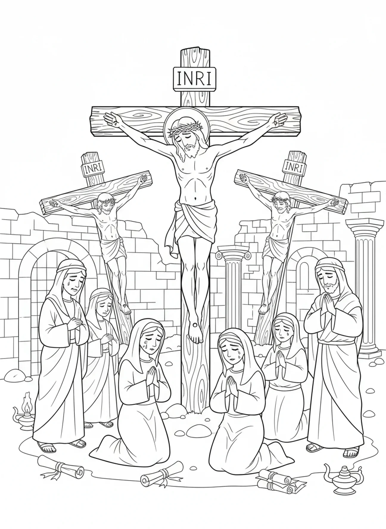 Jesus na cruz, página para colorir da Cruz da Sexta-feira Santa para crianças da Escola Dominical de 5 a 12 anos.