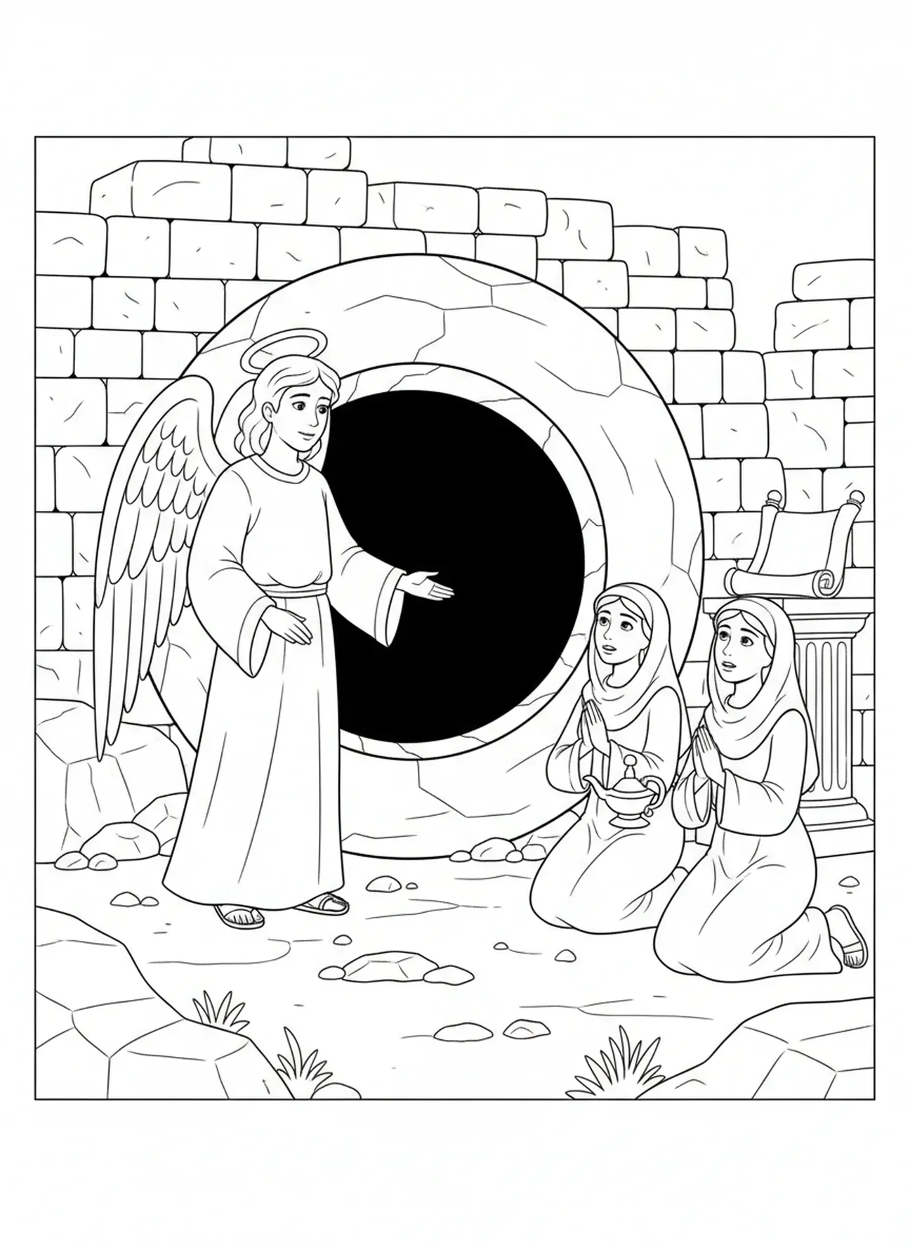 Túmulo vazio com anjo, página para colorir da Cruz da Sexta-feira Santa para crianças da Escola Dominical de 5 a 12 anos.