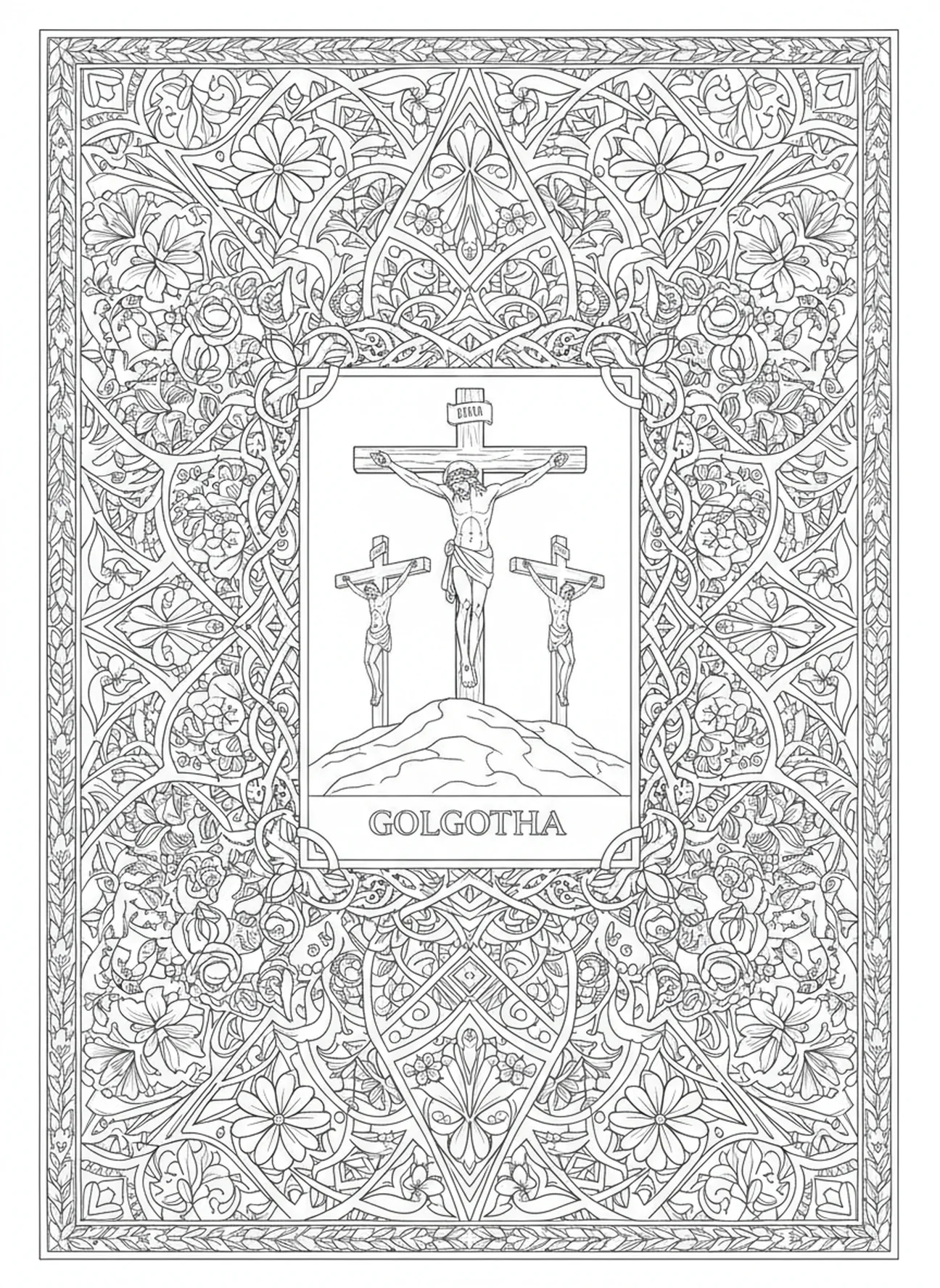 Jesus na cruz, página de colorir da Crucificação da Sexta-feira Santa para adultos no estilo de diário bíblico.