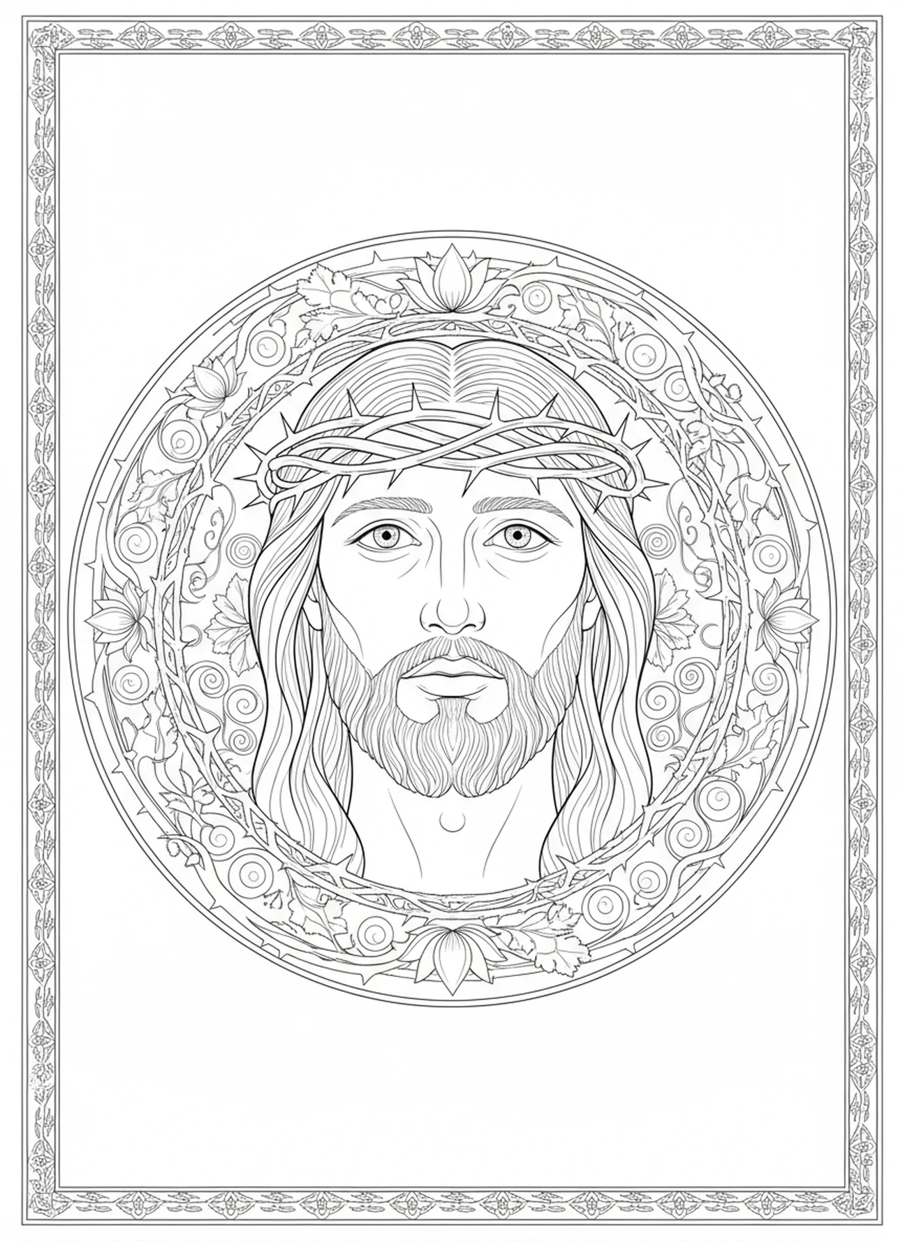 Jesus com coroa de espinhos, página para colorir da Crucificação na Sexta-feira Santa no estilo de diário bíblico para adultos.