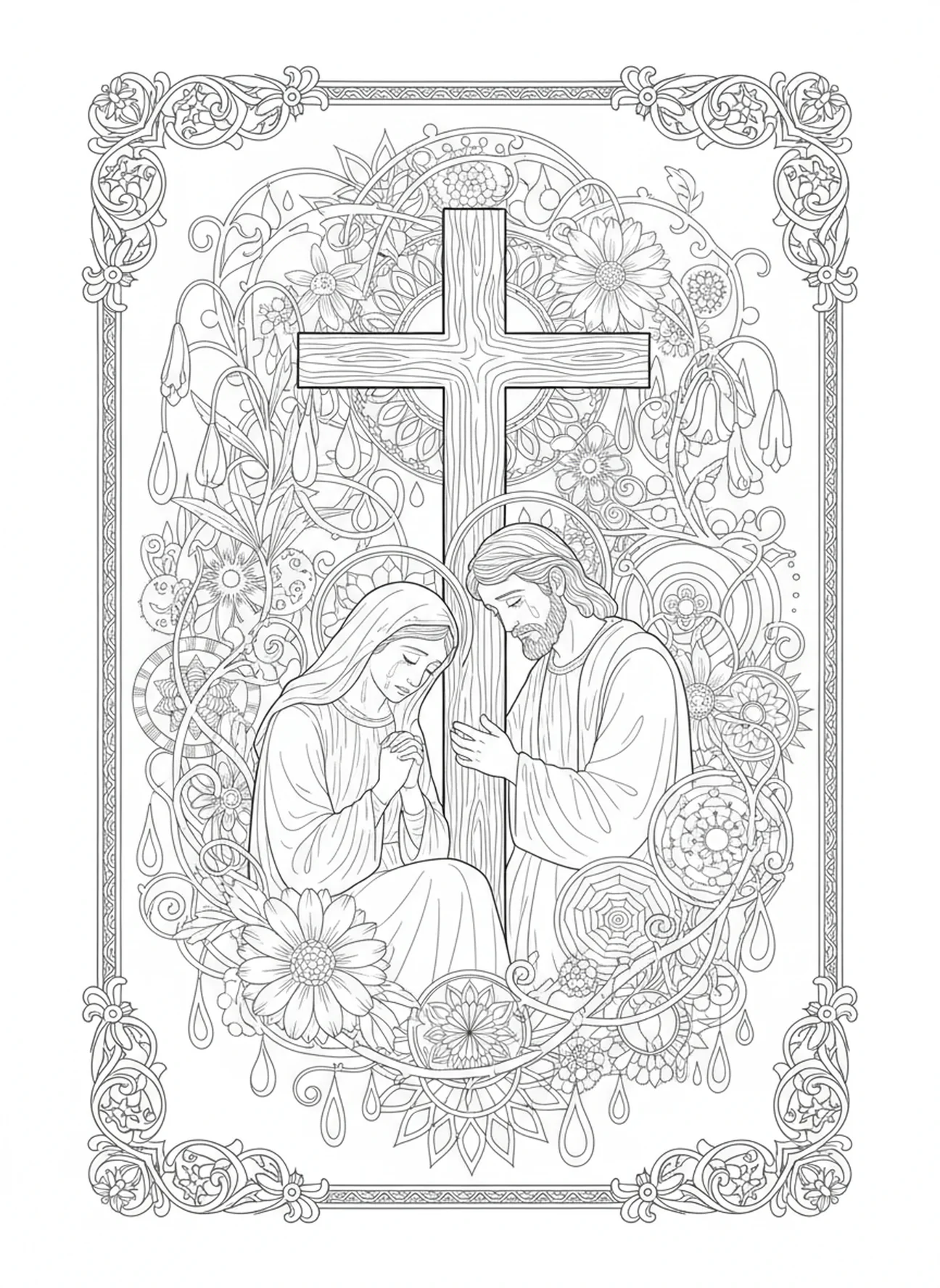 Maria e João em luto, página para colorir da Crucificação da Sexta-Feira Santa no estilo de journaling bíblico para adultos.