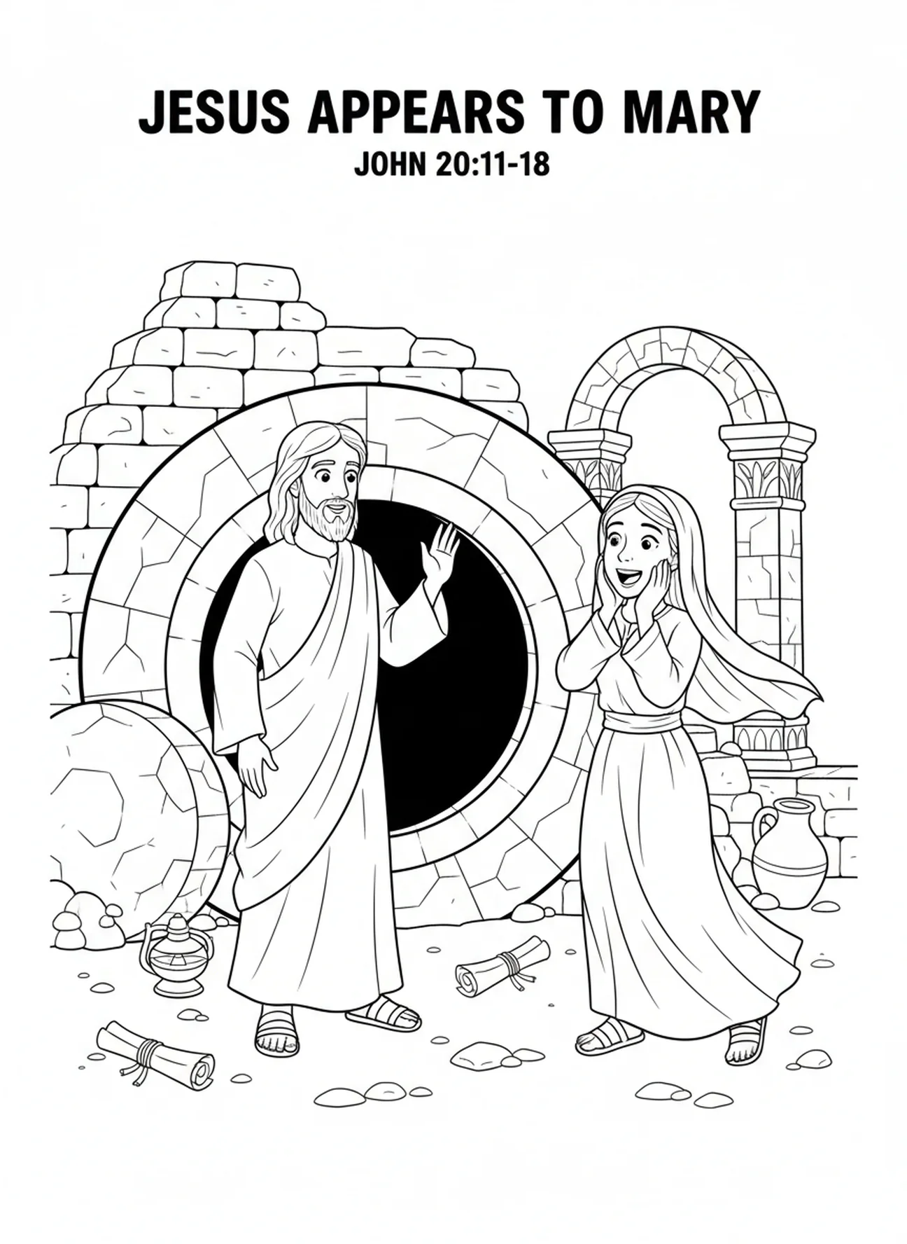 Jesus aparecendo a Maria Madalena, página de colorir da Crucificação da Sexta-feira Santa para crianças da Escola Dominical de 5 a 12 anos.