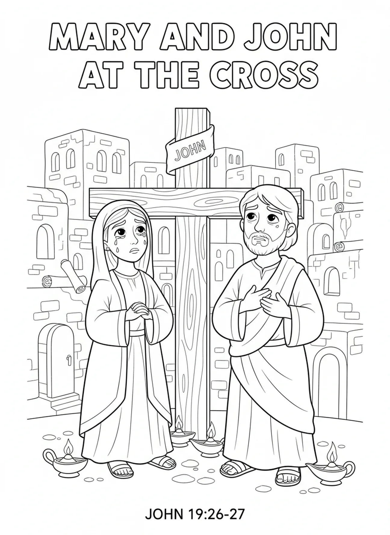 Maria e João na cruz, página de colorir da Crucificação para crianças da Escola Dominical de 5 a 12 anos.