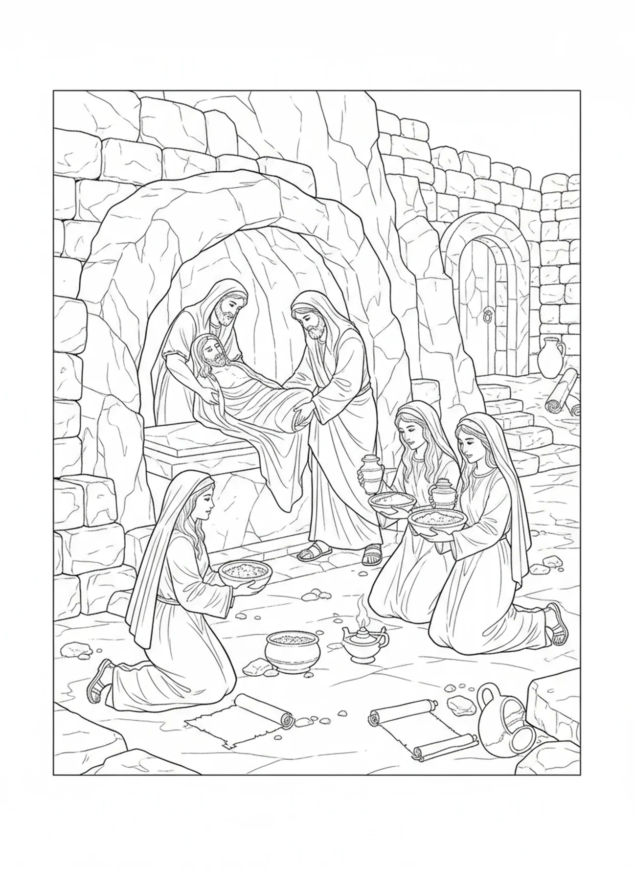 José colocando Jesus no túmulo, página de colorir da Crucificação para crianças de 5 a 12 anos na Escola Dominical.