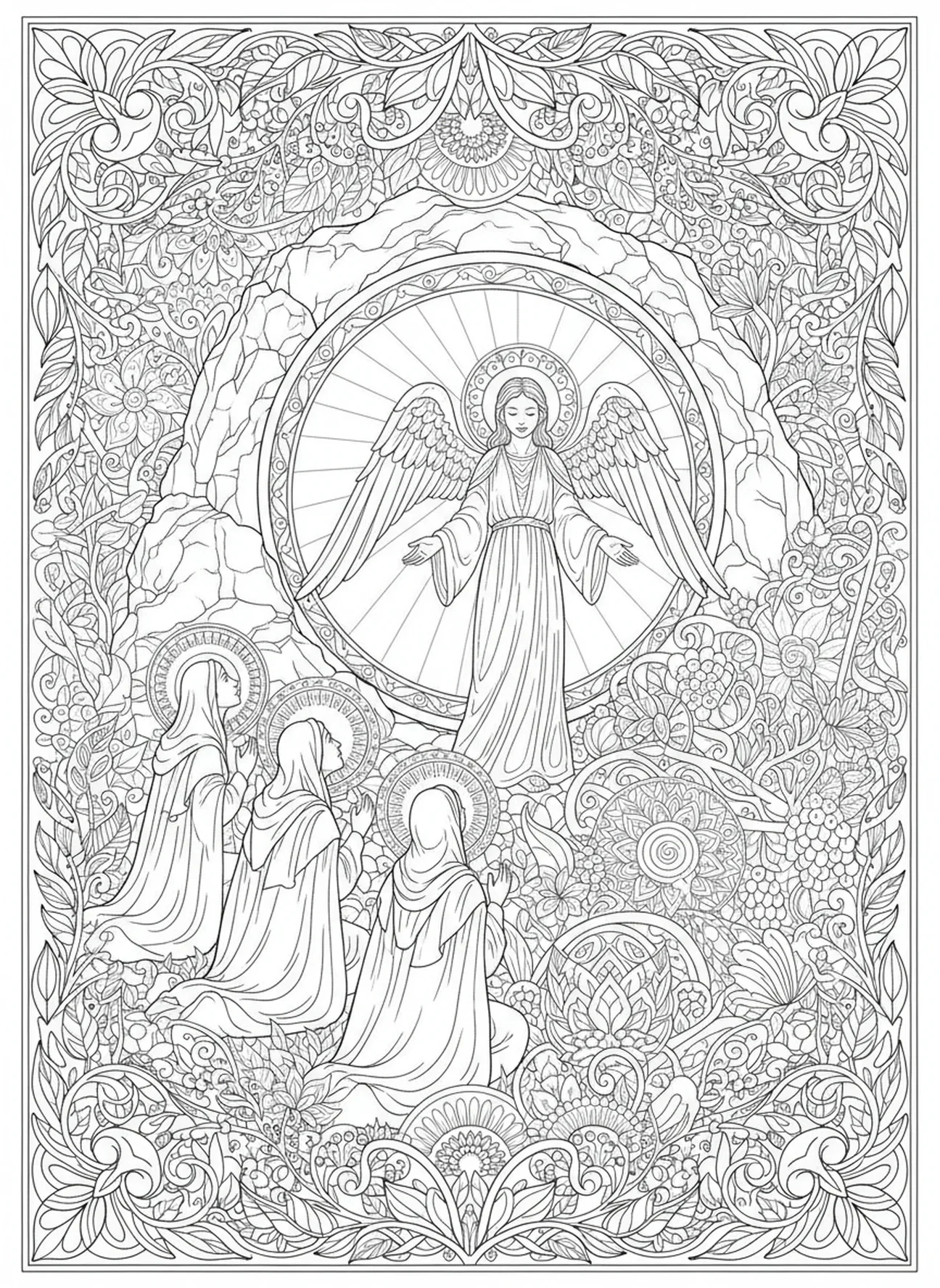 Ángel en la tumba, página para colorear de Sábado Santo para adultos en estilo de journaling bíblico.