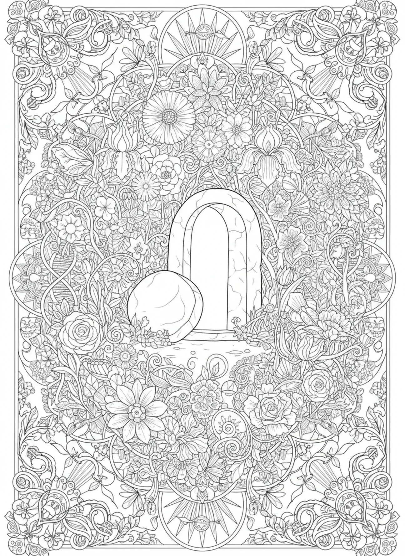 Jardines exuberantes alrededor de la tumba, página para colorear de Sábado Santo en estilo de journaling bíblico para adultos.