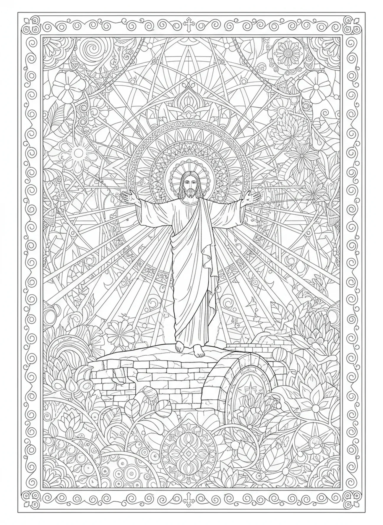 Jesús resucitado en la tumba, página para colorear de Sábado Santo para adultos en estilo de journaling bíblico.