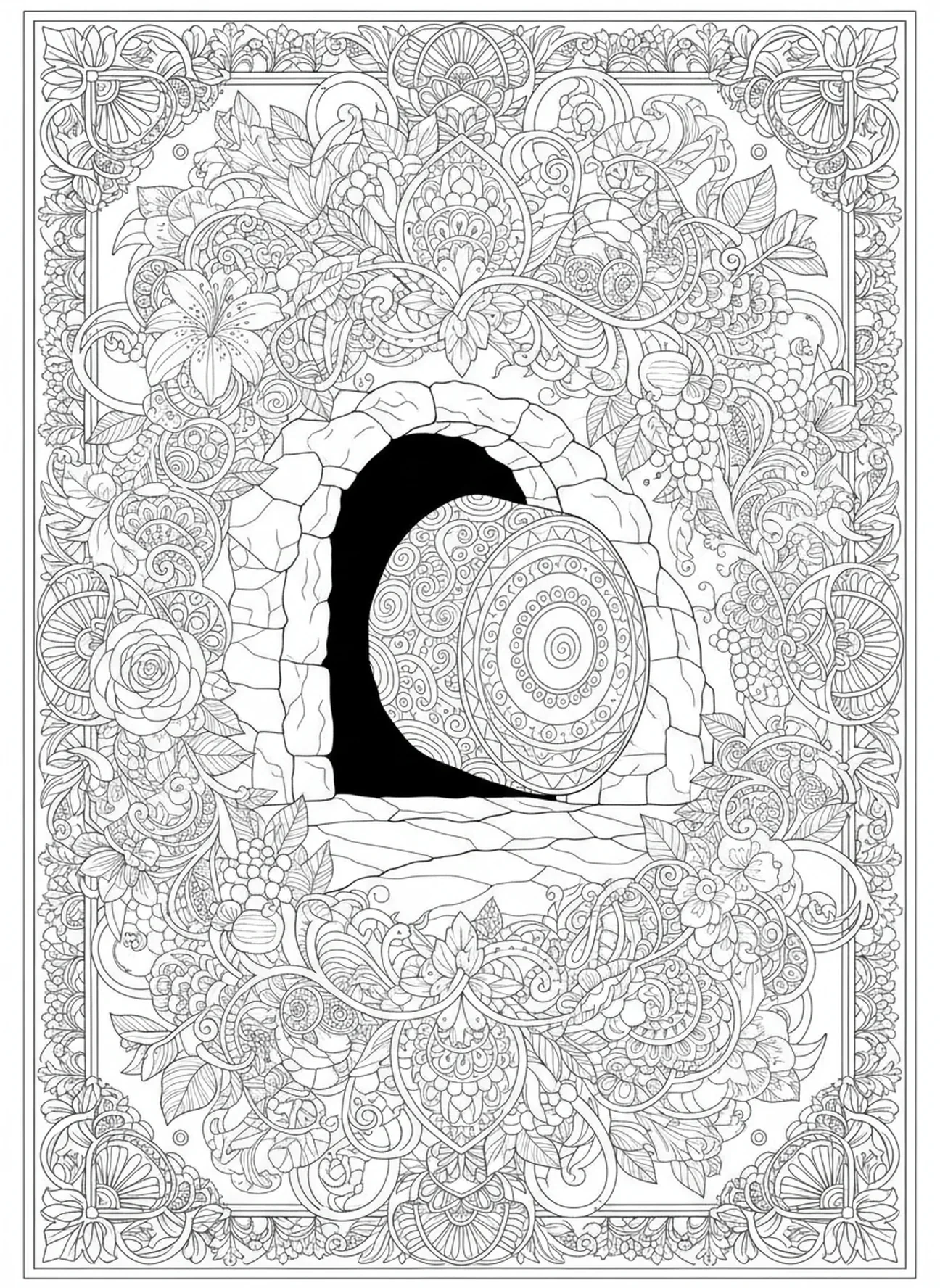 Piedra rodando de la tumba, página para colorear del Sábado Santo estilo journaling bíblico para adultos.