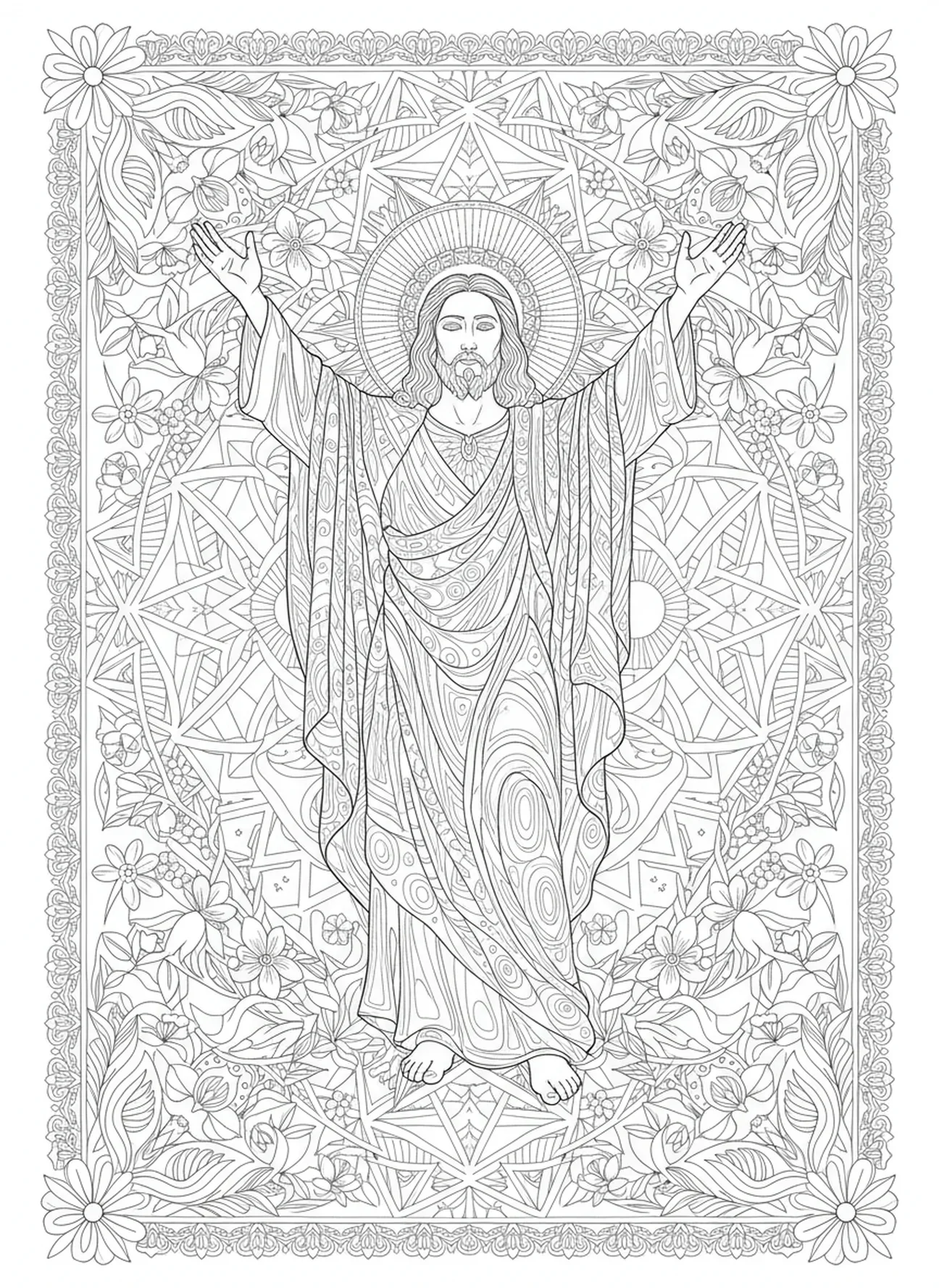 Jesús victorioso con los brazos levantados, página para colorear de Sábado Santo en estilo de journaling bíblico para adultos.