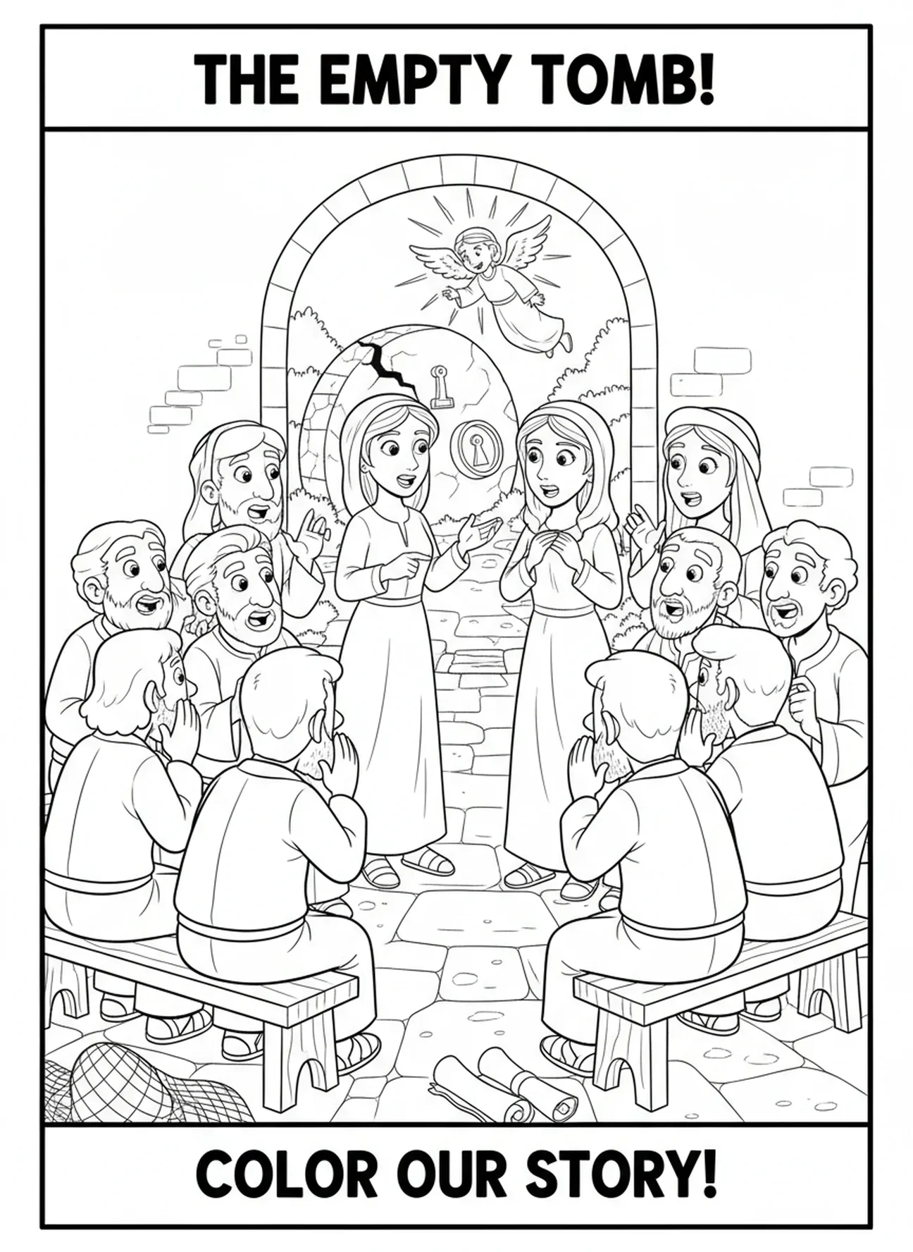 Jünger hören den Frauen zu, Ausmalbild für den Heiligen Samstag für Kinder im Alter von 5-10 Jahren.