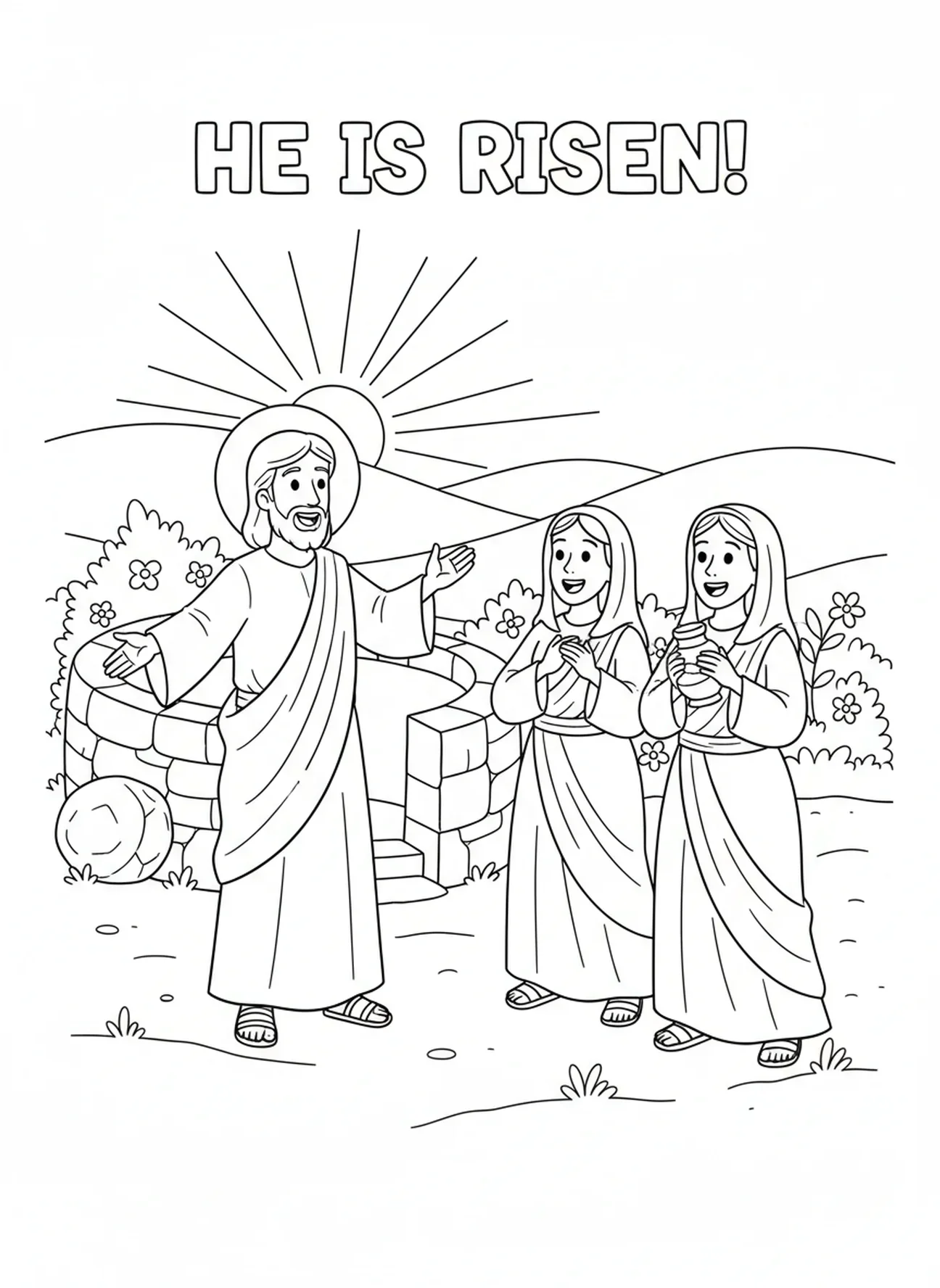 Jesus erscheint den Frauen, Ausmalbild für den Heiligen Samstag für Kinder im Alter von 5-10 Jahren.