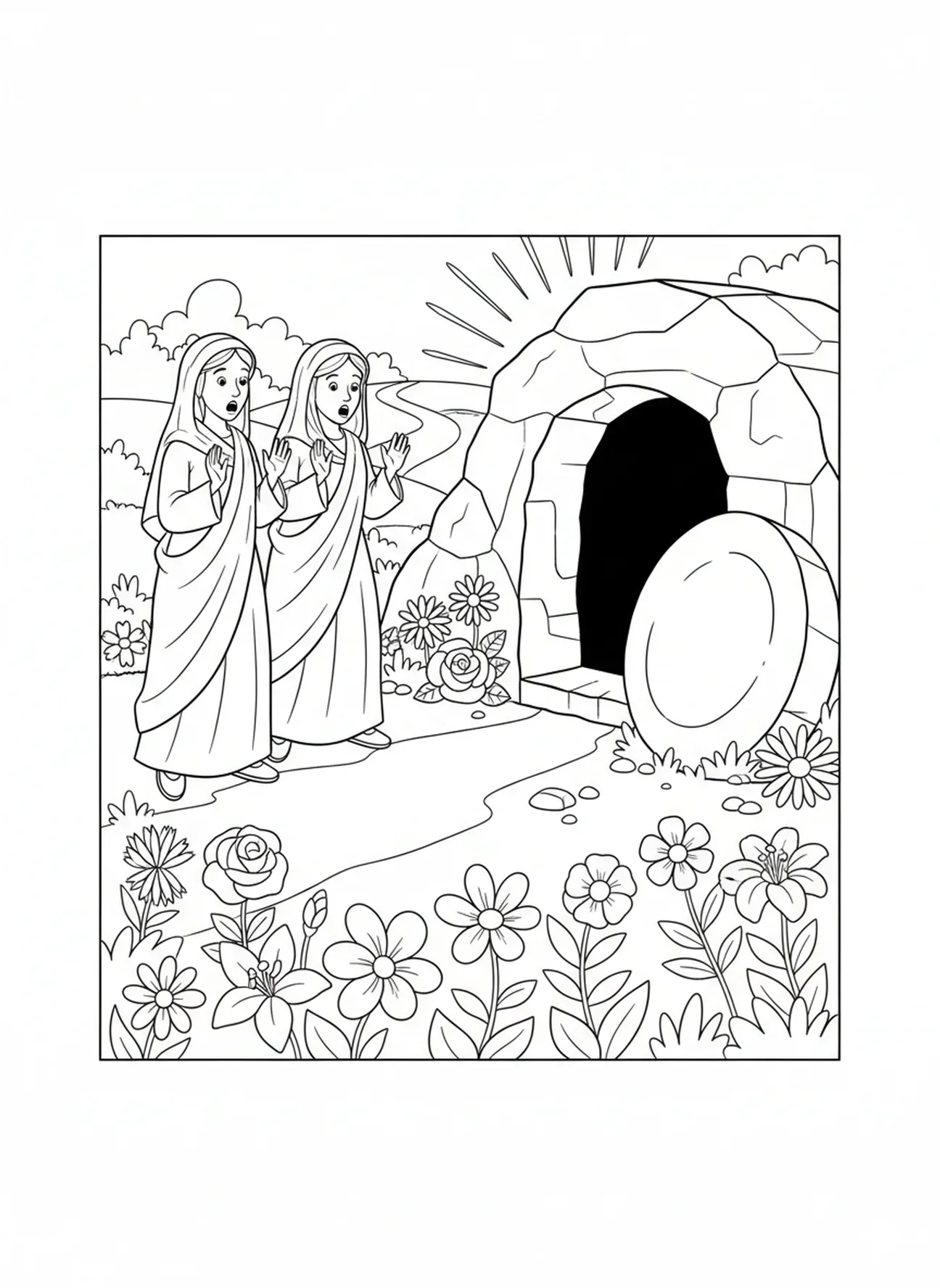 Zwei Frauen am Grab, Ausmalbild für den Heiligen Samstag für Kinder im Alter von 5-10 Jahren.