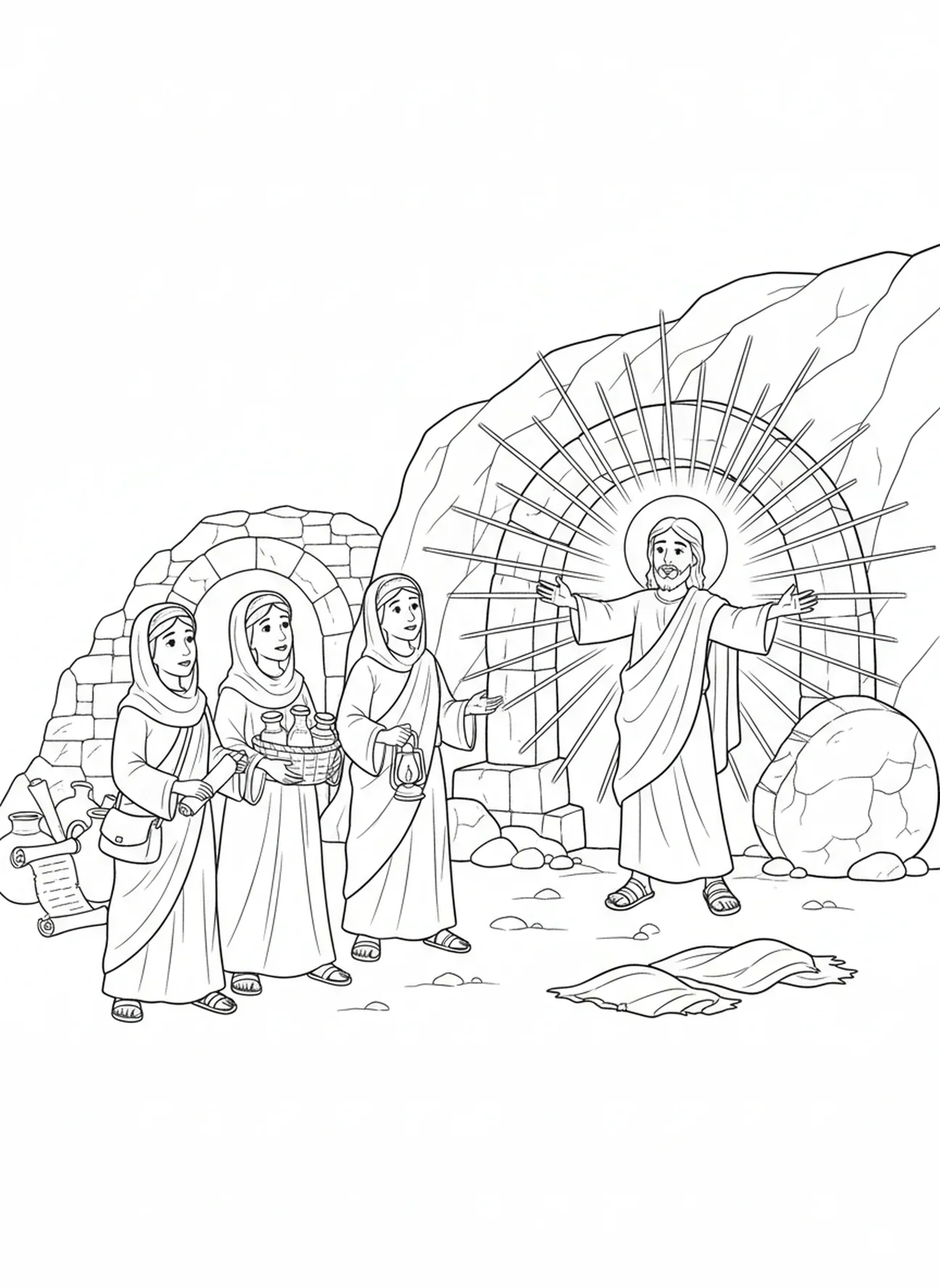 Jesus radiante fora do túmulo, página de colorir para a Escola Dominical de crianças de 5 a 12 anos.