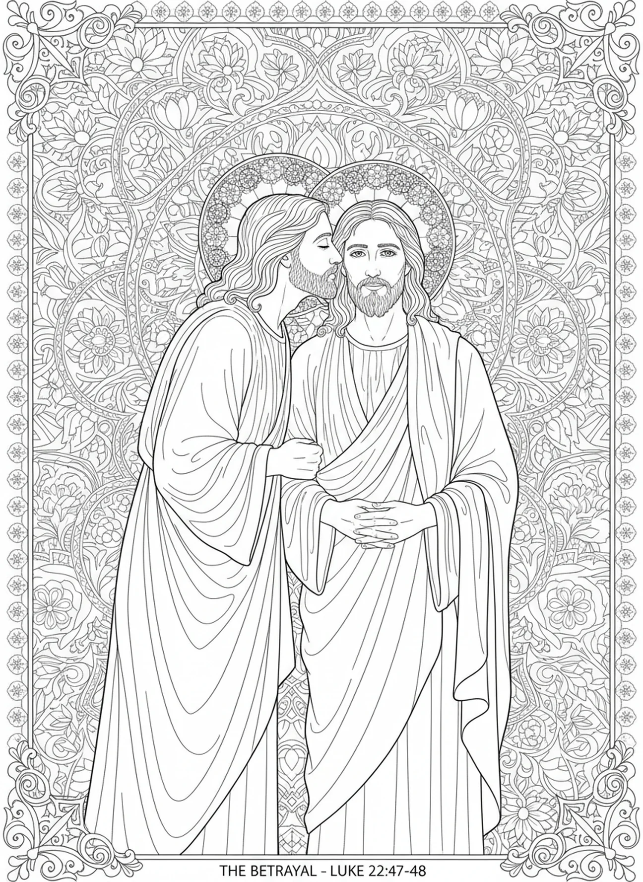 Judas küsst Jesus, Judas 30 Silberstücke Malvorlage für Erwachsene im Stil des Bibel-Journalings