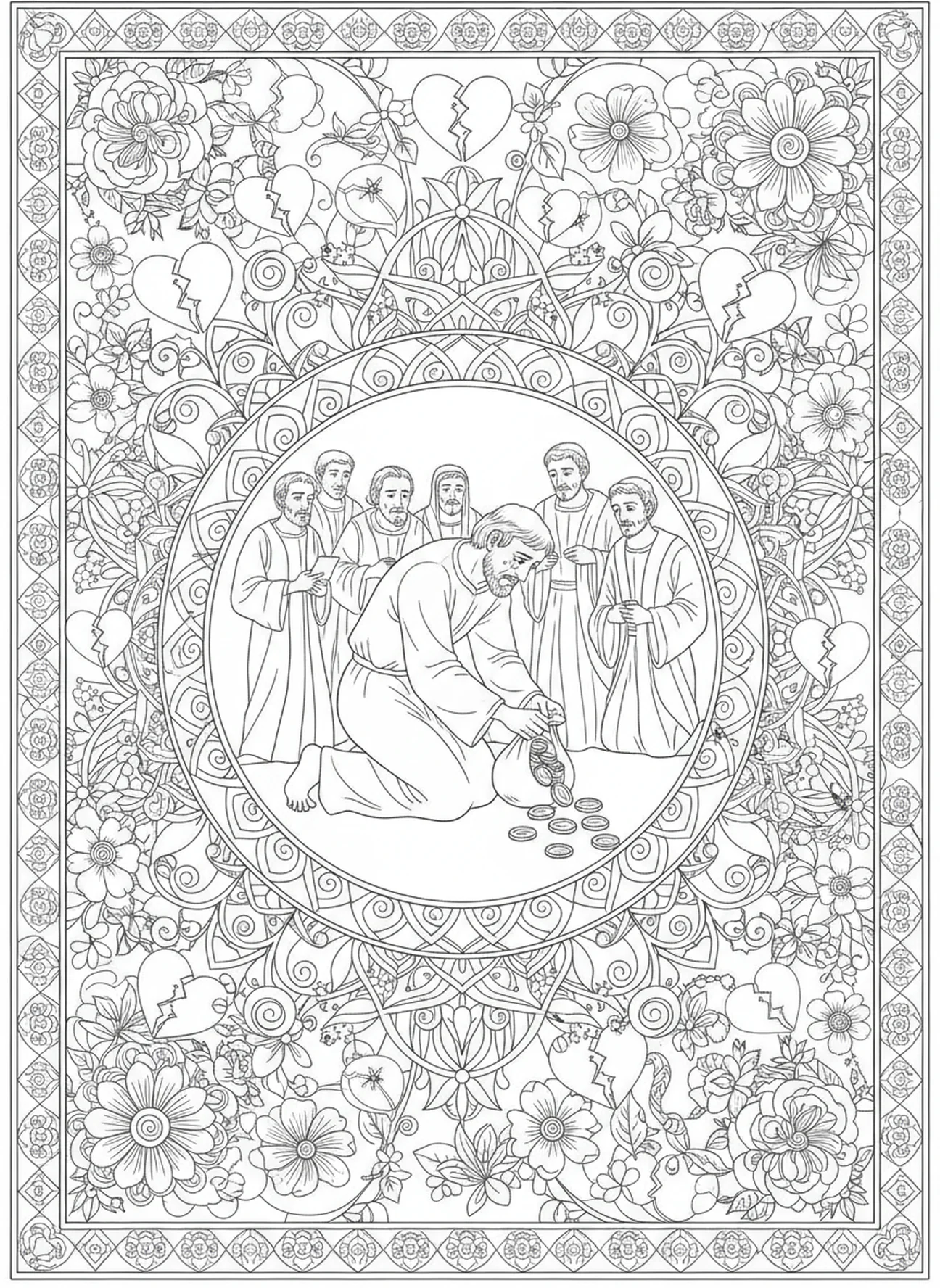 Judas gibt das Silber zurück, Judas 30 Silberstücke Ausmalbild für Erwachsene im Stil des Bibeljournaling