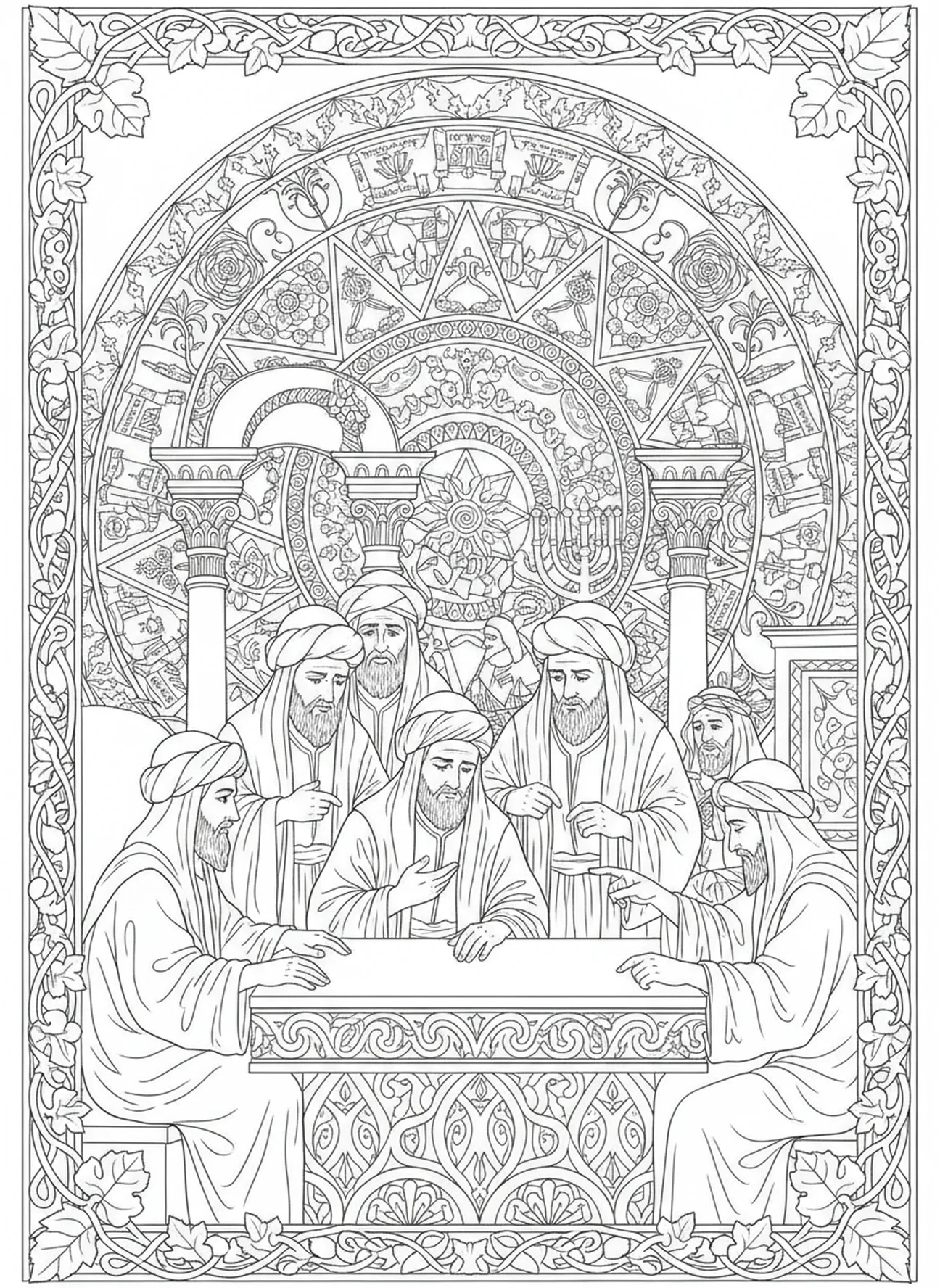 Jüdischer Rat diskutiert über den Verrat, Judas 30 Silberlinge Malvorlage für Erwachsene im Bibel-Journaling-Stil