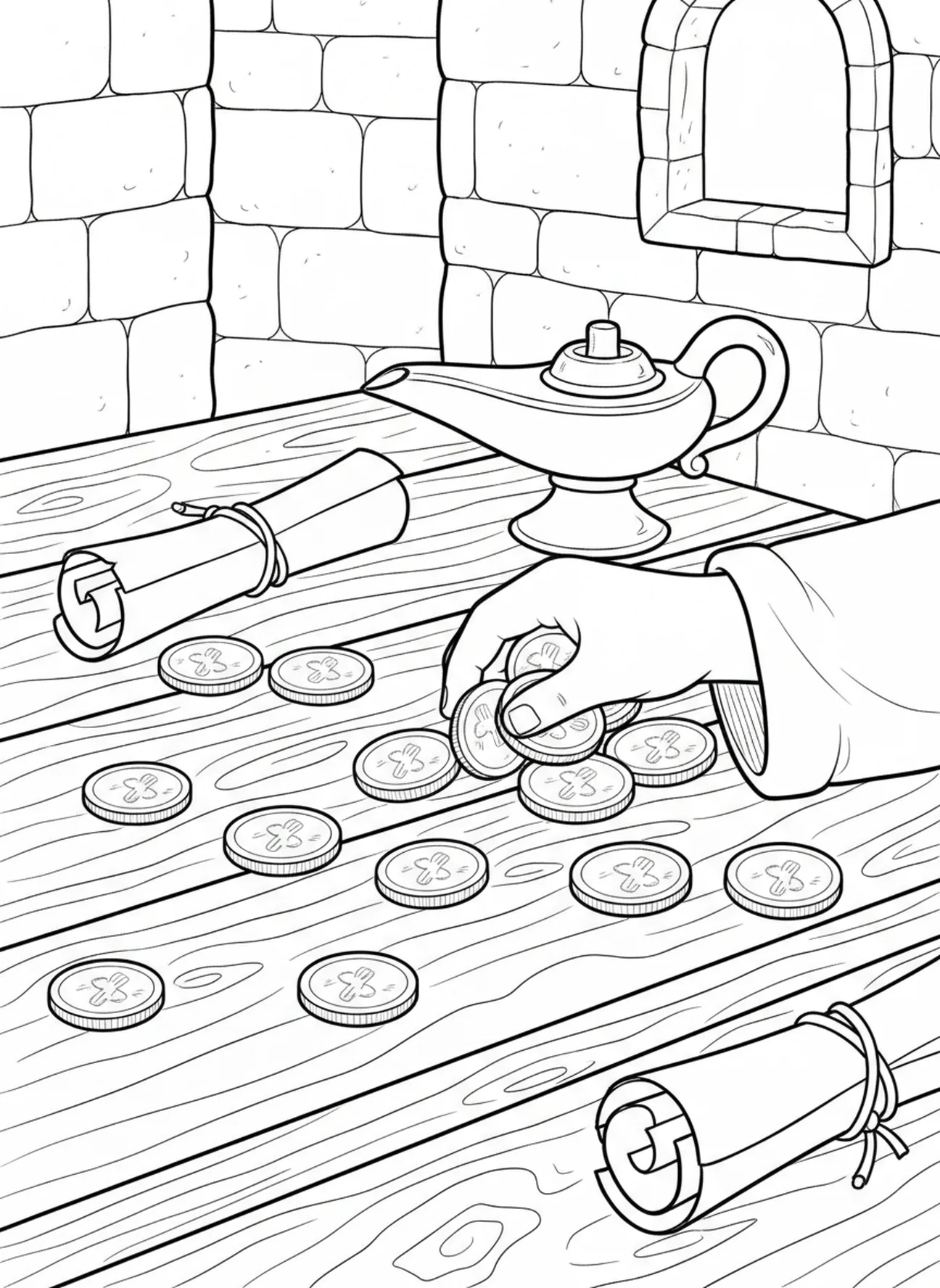 Primer plano de treinta monedas de plata, página para colorear de Judas 30 piezas de plata para niños de Escuela Dominical de 5 a 12 años