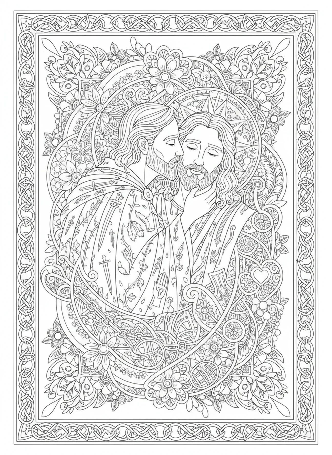 Judas traicionando a Jesús, página para colorear del Jueves Santo sobre el Lavado de Pies, estilo de journaling bíblico para adultos.