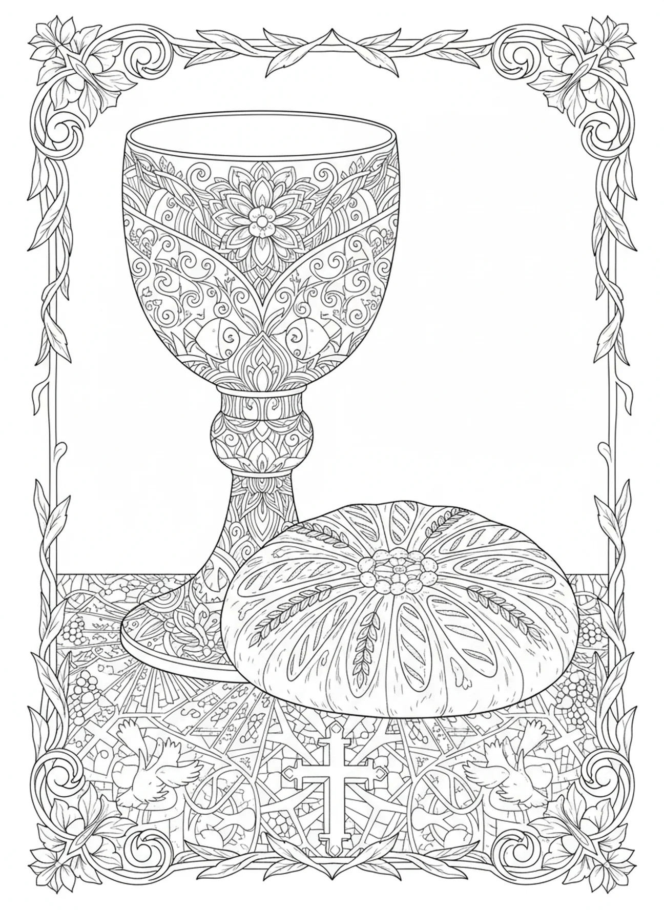 Copa y pan sobre la mesa, página para colorear del Jueves Santo con el Lavado de los Pies, estilo de journaling bíblico para adultos.
