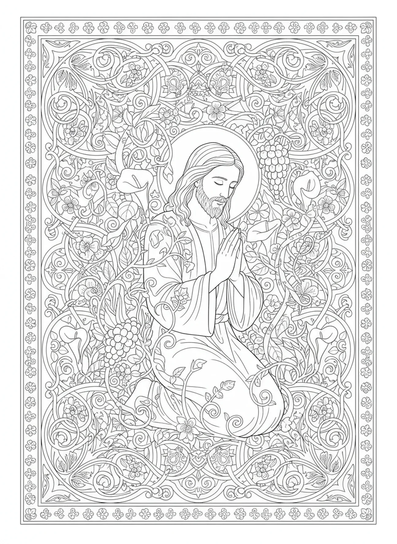 Jesús en oración, página para colorear del Jueves Santo sobre el Lavado de Pies, estilo de journaling bíblico para adultos.
