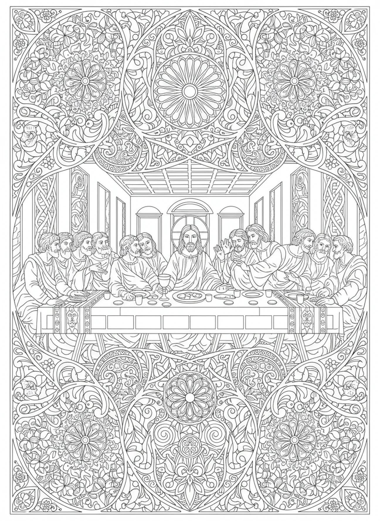 La escena de la Última Cena, página para colorear del Jueves Santo con el Lavado de los Pies, estilo de journaling bíblico para adultos.
