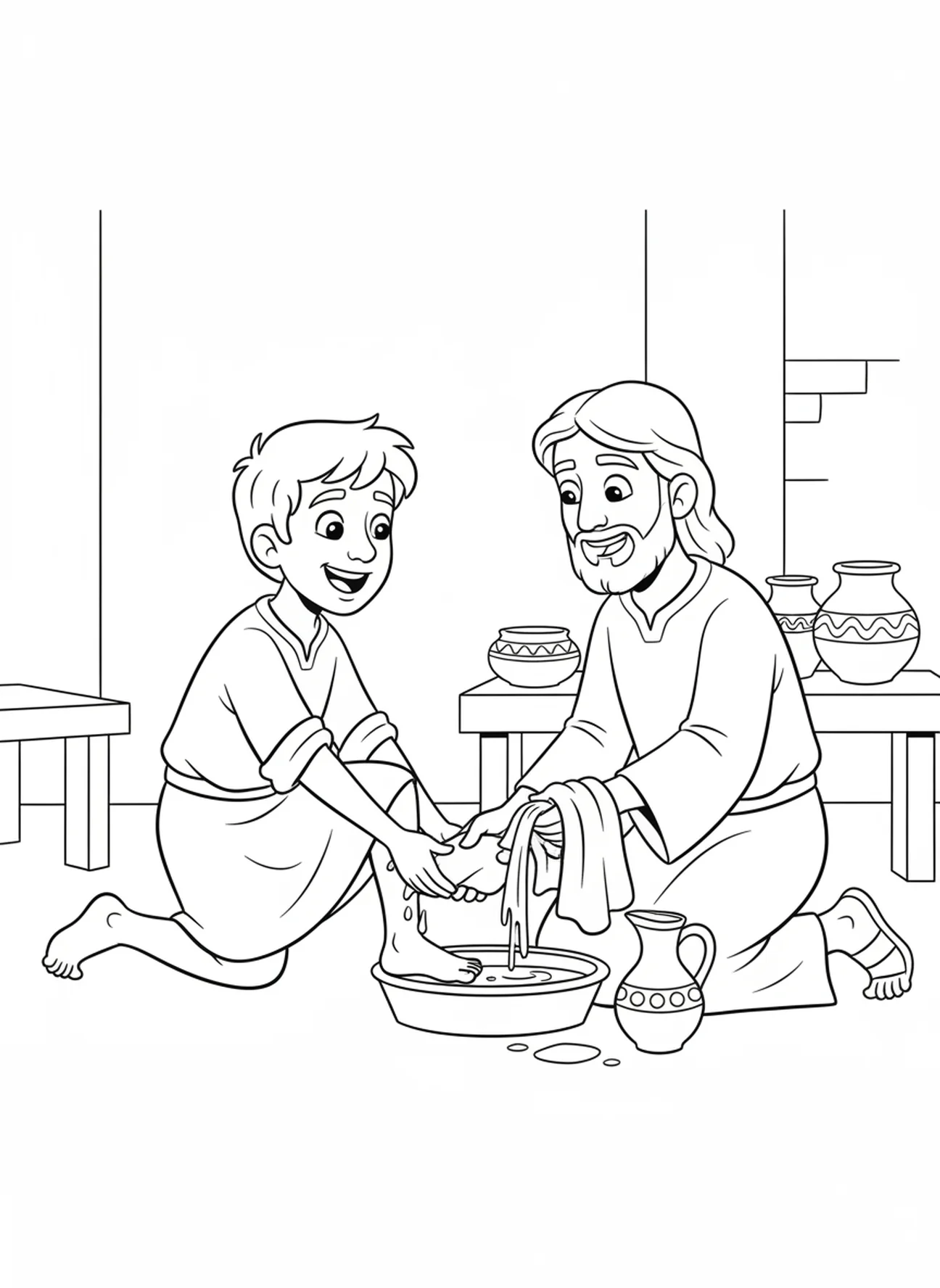 Eerste discipel krijgt voeten gewassen, kleurplaat voor Witte Donderdag voor kinderen van 5-10 jaar.