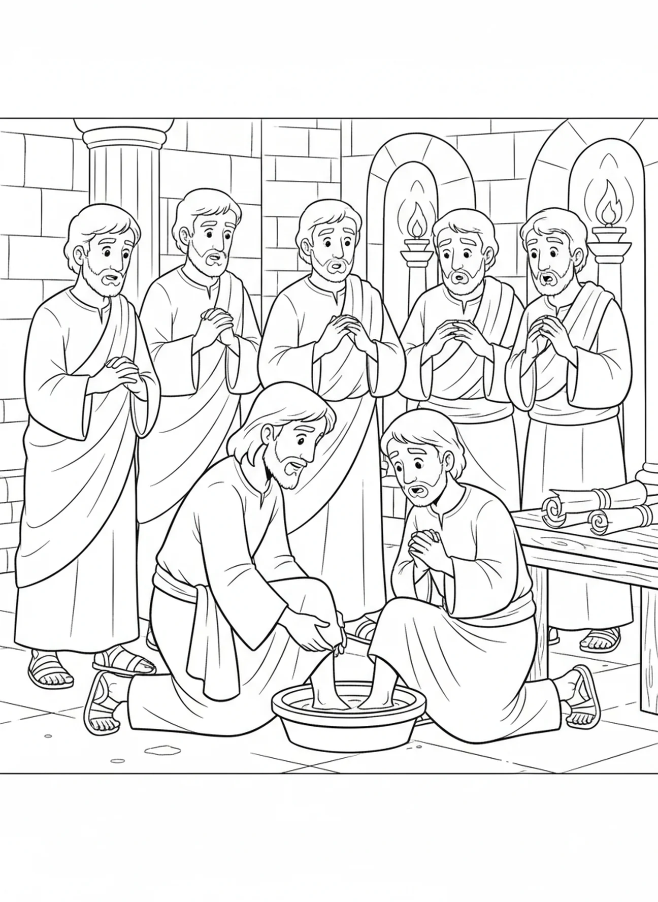 Voetenwassen van de discipelen, kleurplaat voor de Zondagsschool voor kinderen van 5-12 jaar op Witte Donderdag.