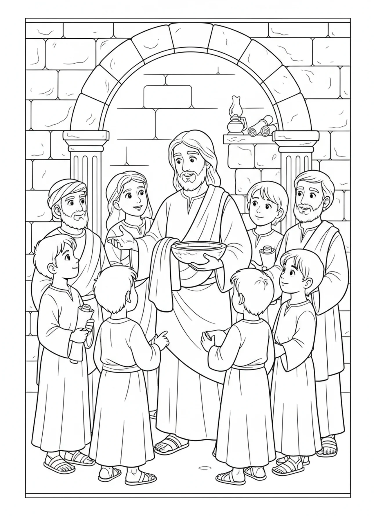 Jezus legt liefde uit, kleurplaat van de voetwassing op Witte Donderdag voor Zondagsschoolkinderen van 5-12 jaar.
