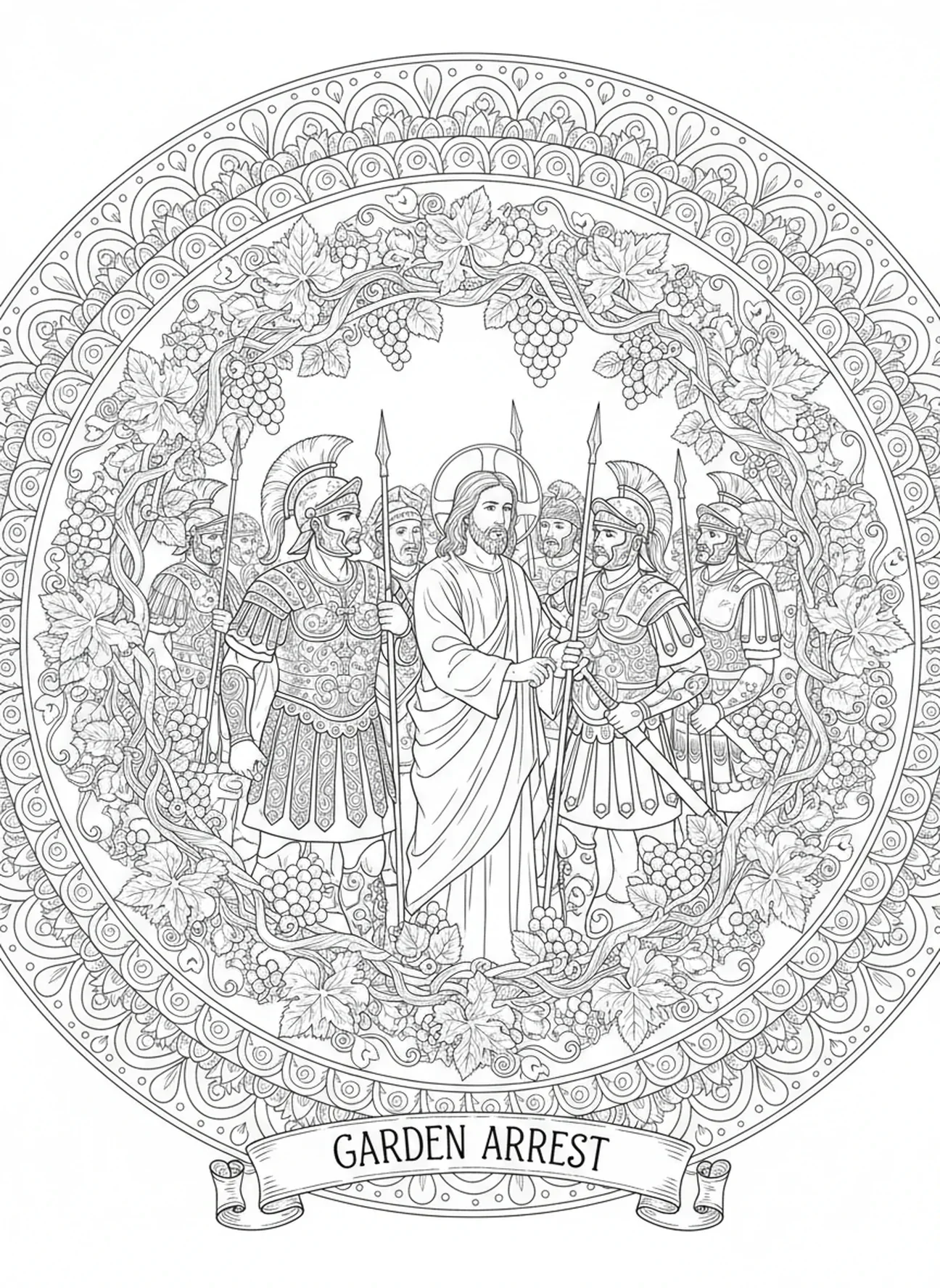 Jésus arrêté, page à colorier du Jeudi Saint pour adultes dans un style de journal biblique