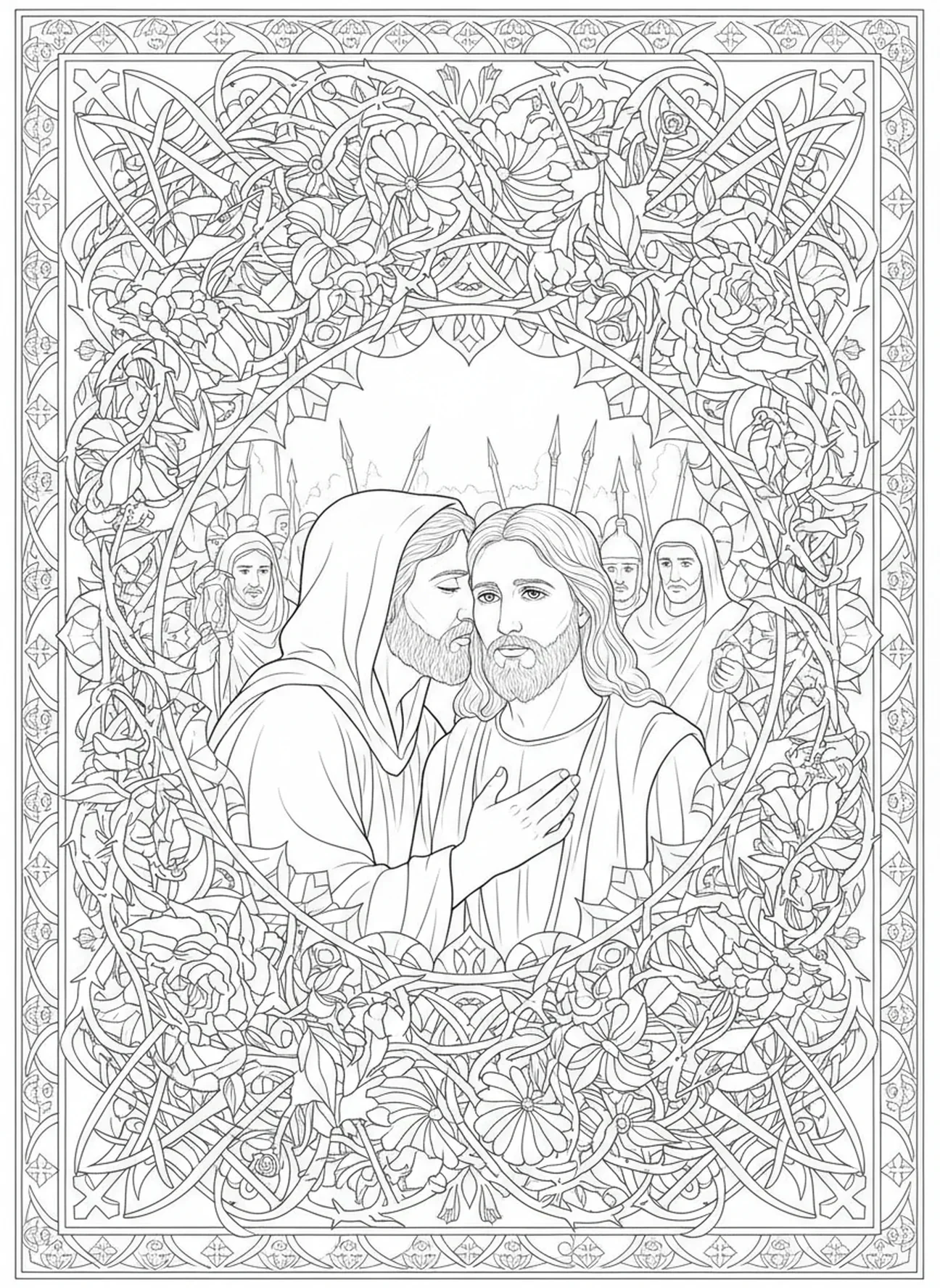 Judas trahissant Jésus, page à colorier du Jeudi Saint pour le style de journal biblique pour adultes