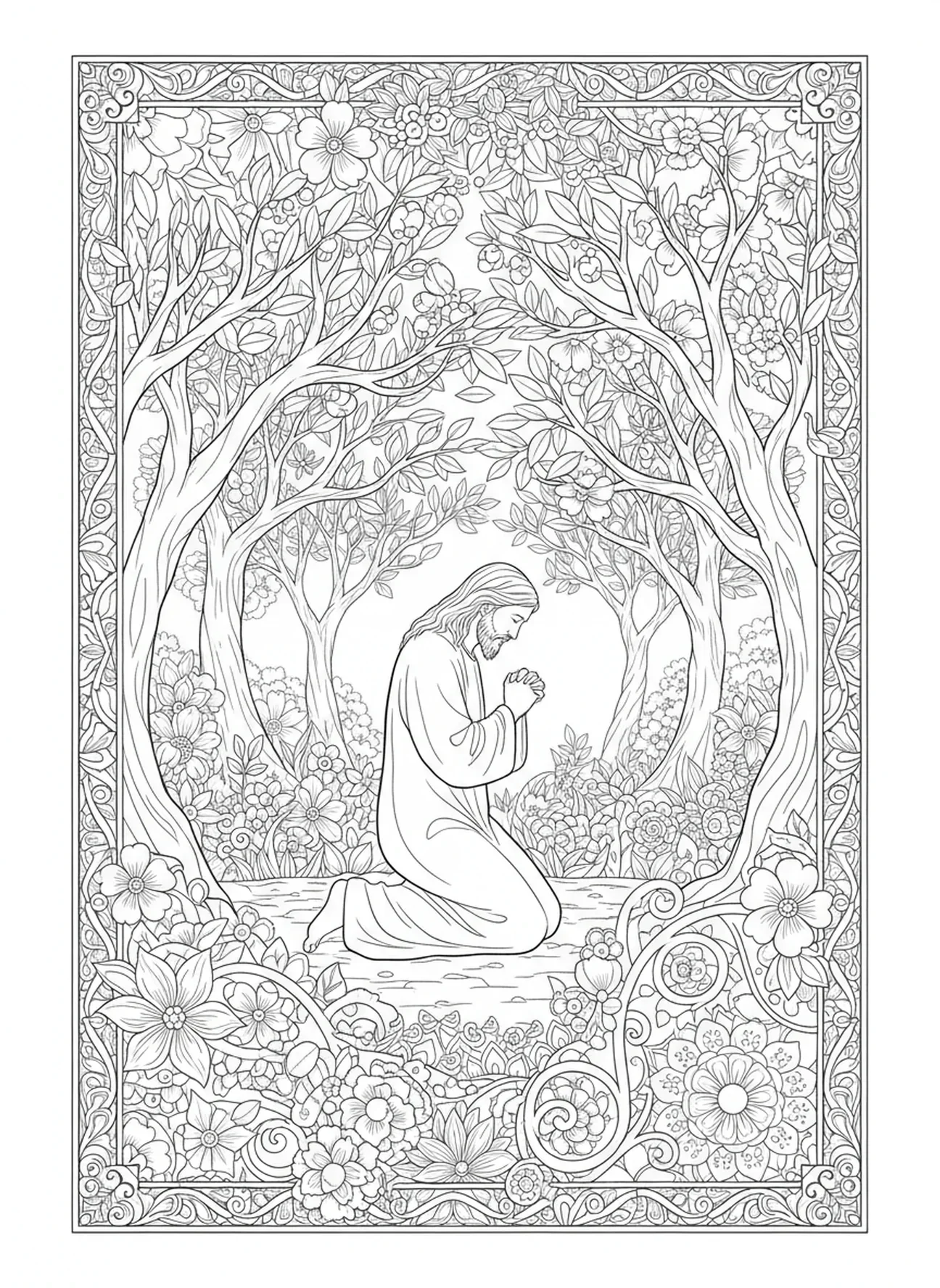 Jésus priant dans le jardin, page à colorier pour le Jeudi Saint dans un style de journal biblique pour adultes