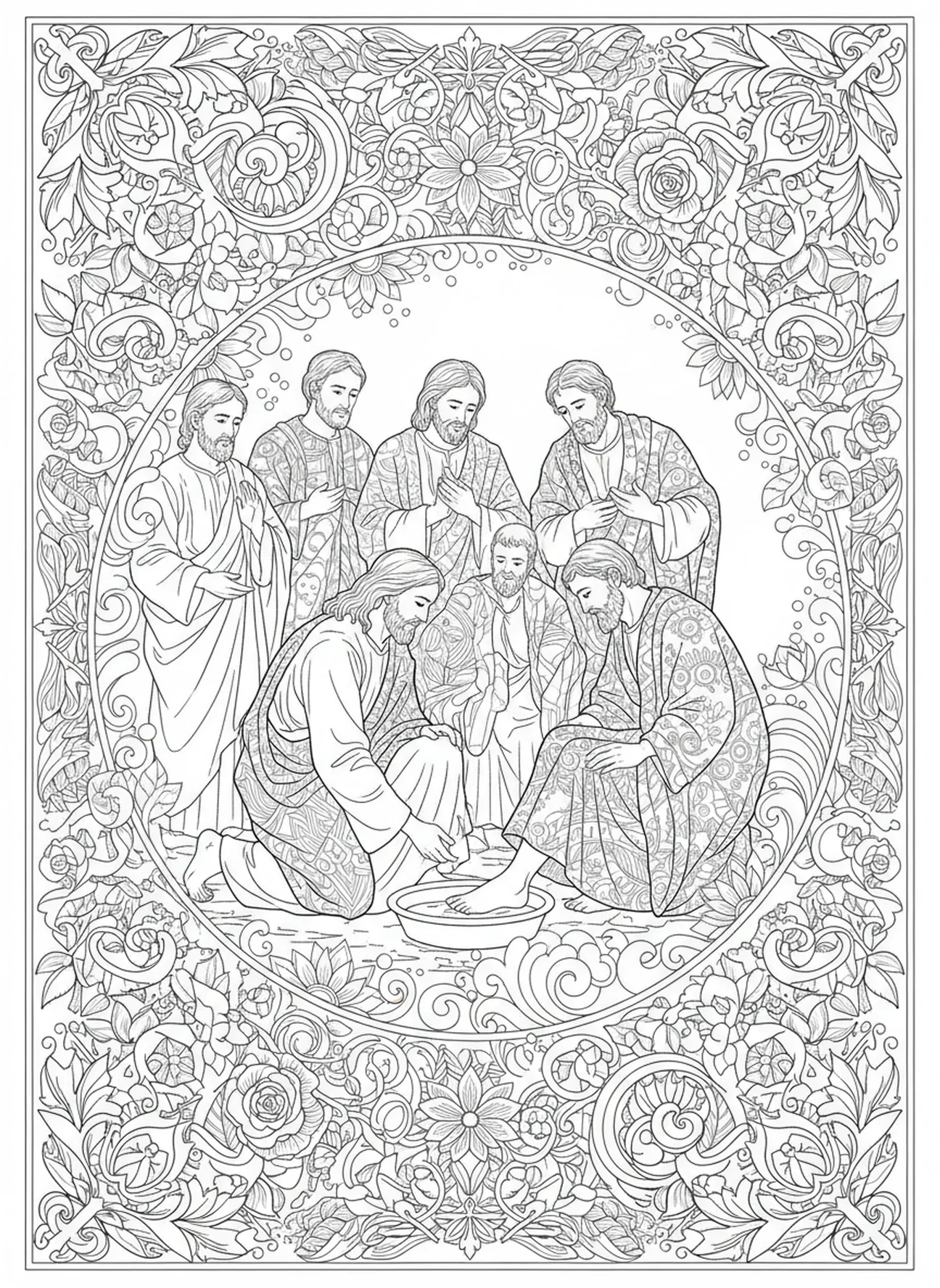 Jésus lavant les pieds, page à colorier du Jeudi Saint pour adultes dans un style de journal biblique