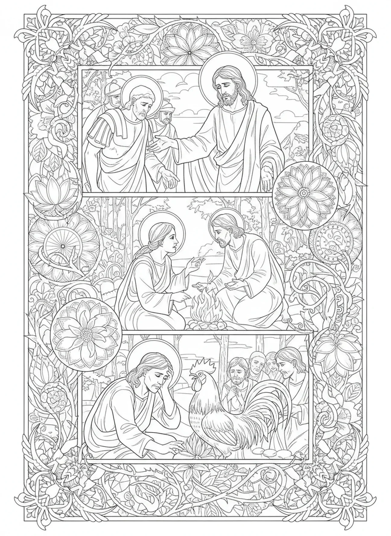 Pierre reniant Jésus, page à colorier du Jeudi Saint pour adultes dans un style de journal biblique