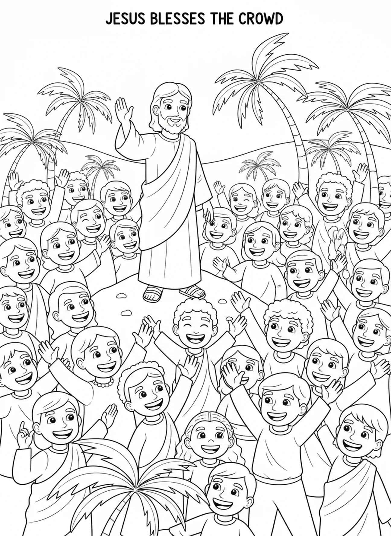 Jezus zegent de menigte, kleurplaat van de Palmzondagprocessie voor kinderen van 5-10 jaar