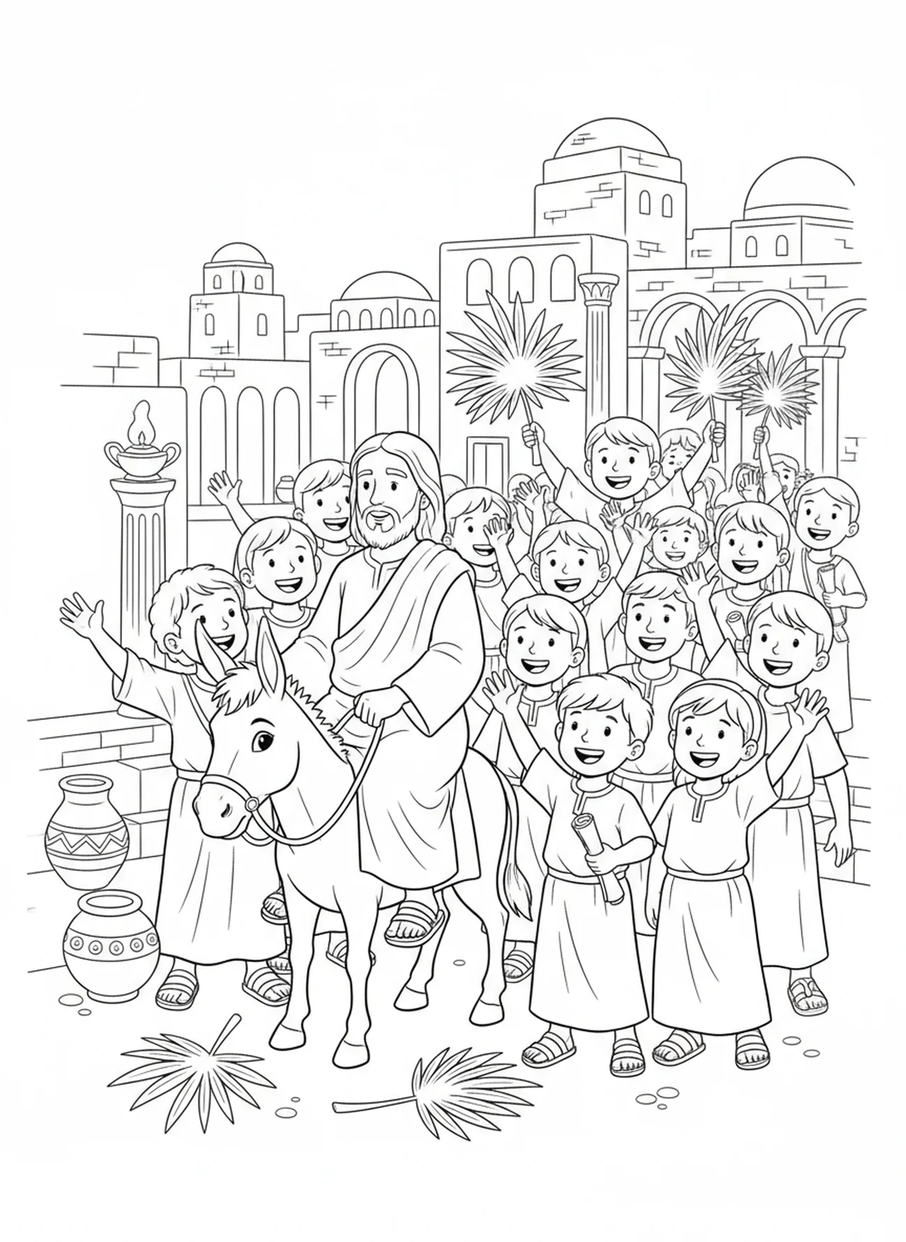 Foule acclamant Jésus, page à colorier de la procession des Rameaux pour les enfants de l'École du dimanche âgés de 5 à 12 ans.
