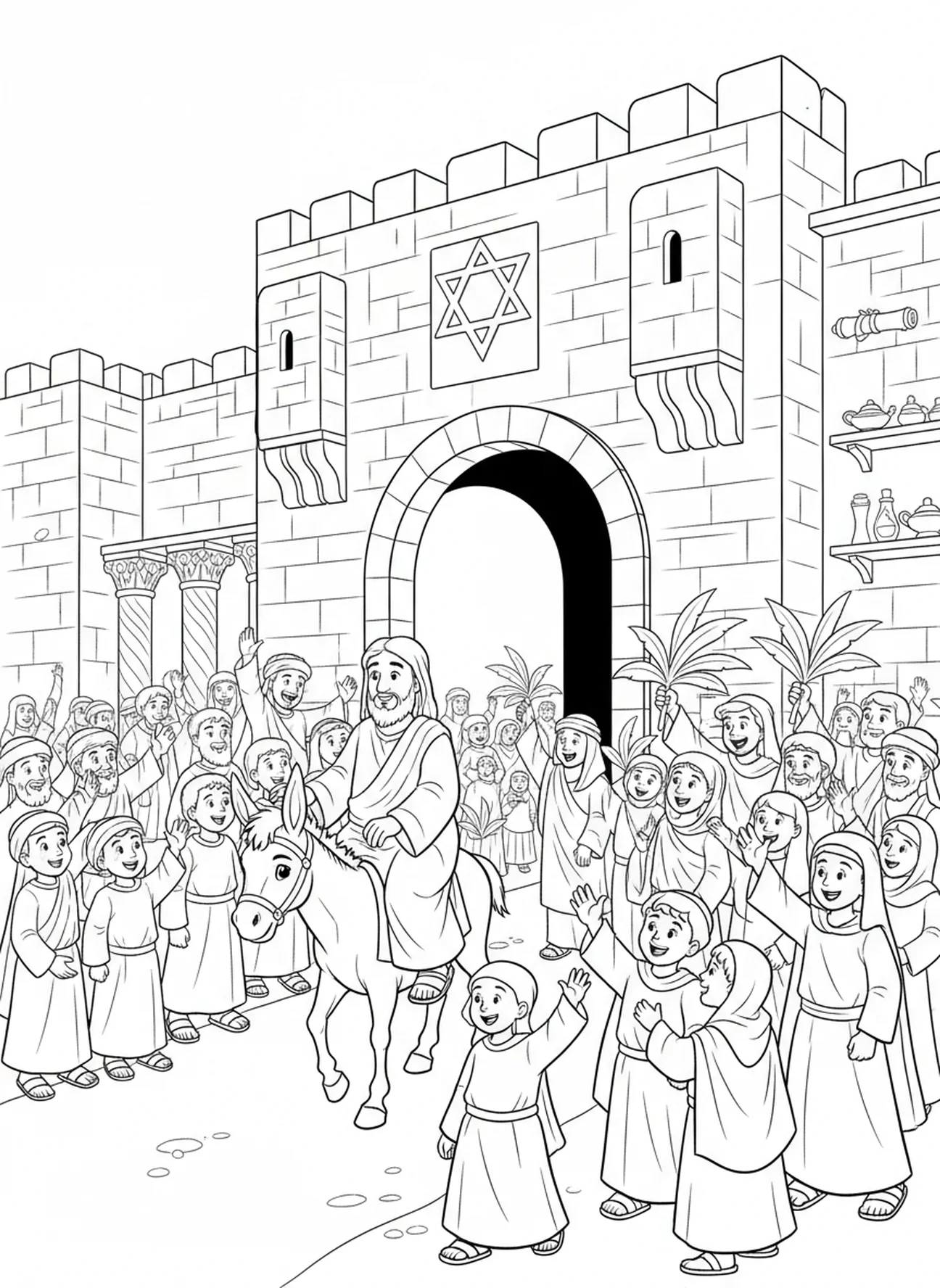 Jésus à la porte de la ville, page à colorier de la procession du Dimanche des Rameaux pour les enfants de l'École du dimanche âgés de 5 à 12 ans.