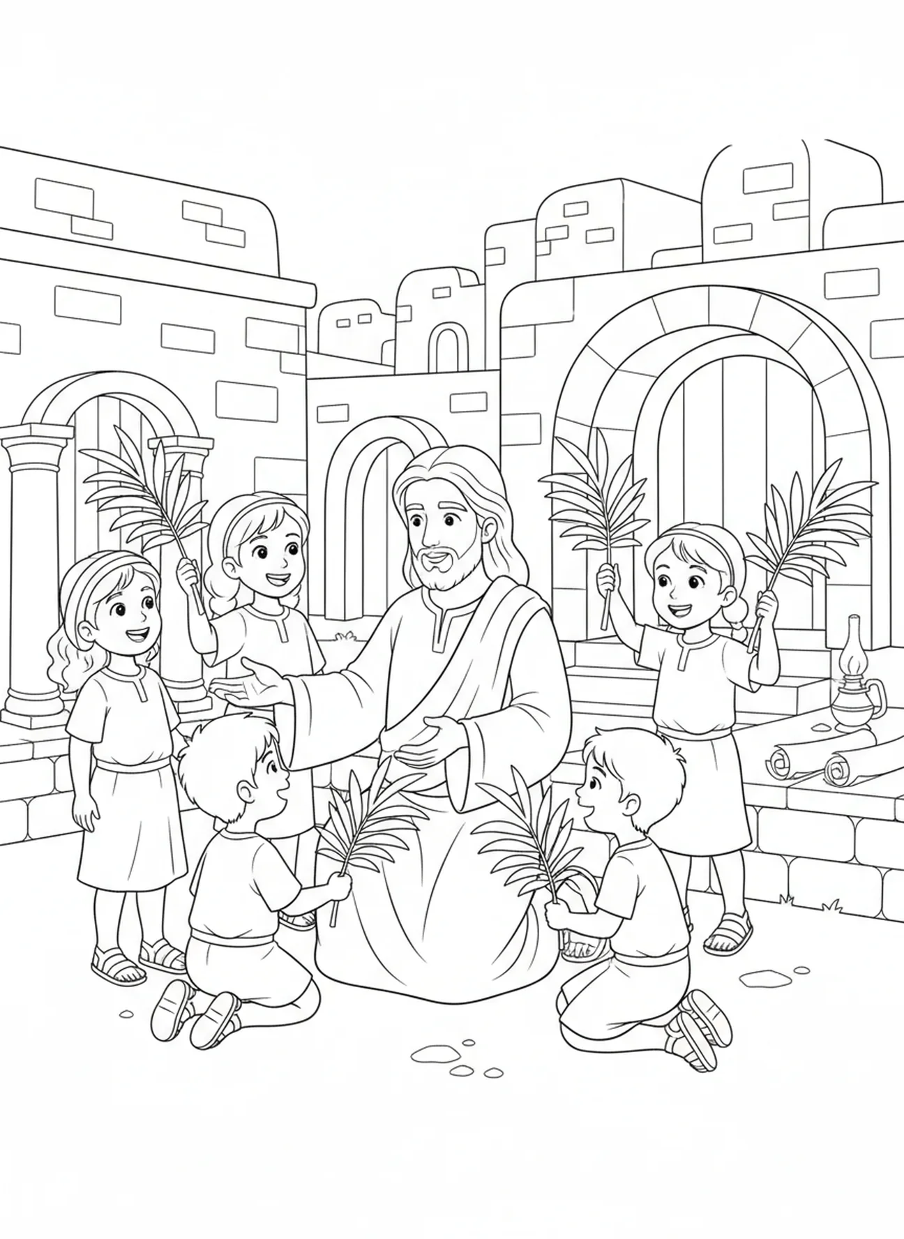Jésus bénissant des enfants, page à colorier de la procession des Rameaux pour les enfants de l'École du dimanche âgés de 5 à 12 ans.