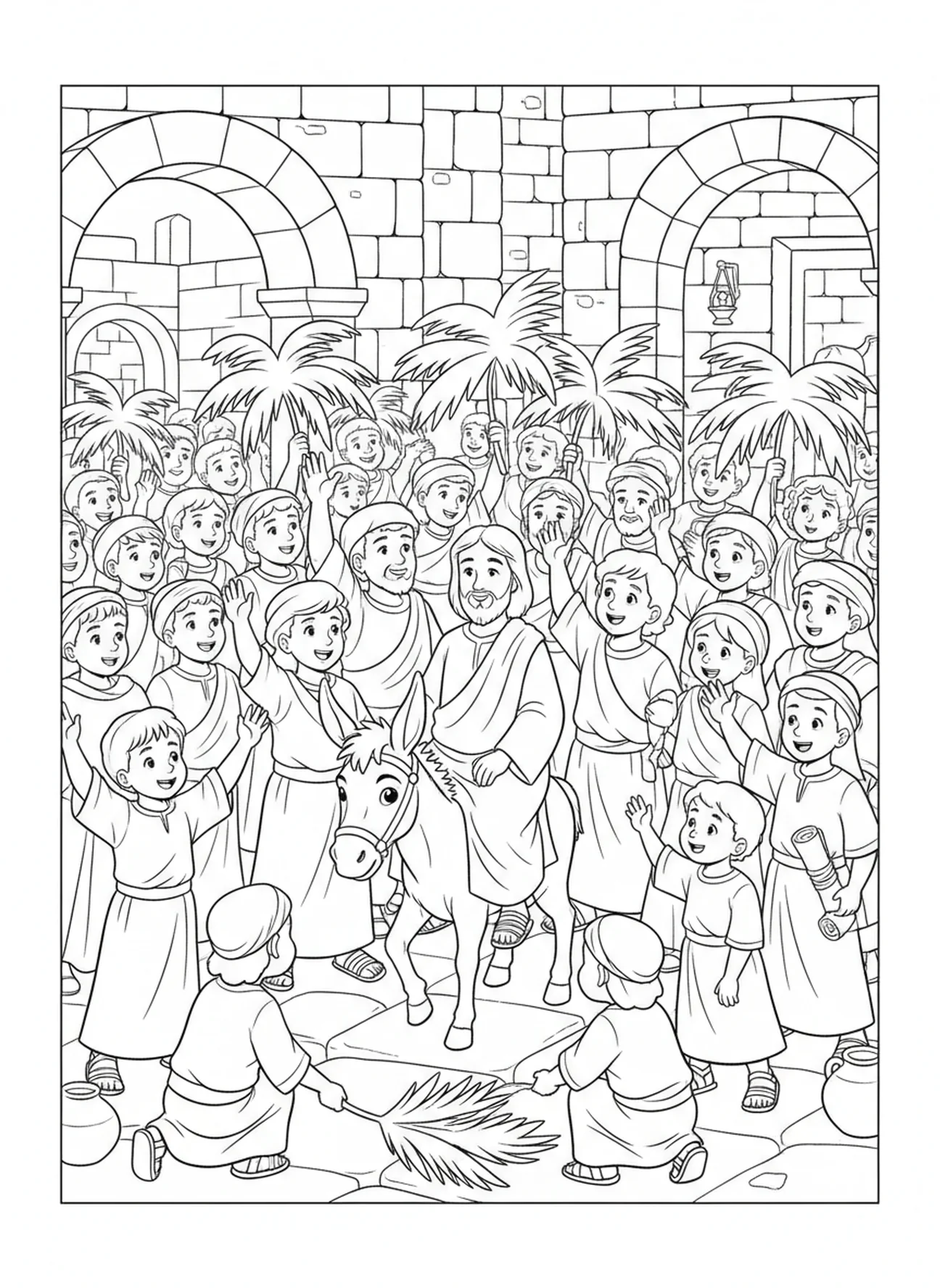 Jésus entouré d'une foule avec des branches de palmier, page à colorier pour le Catéchisme des enfants de 5 à 12 ans.