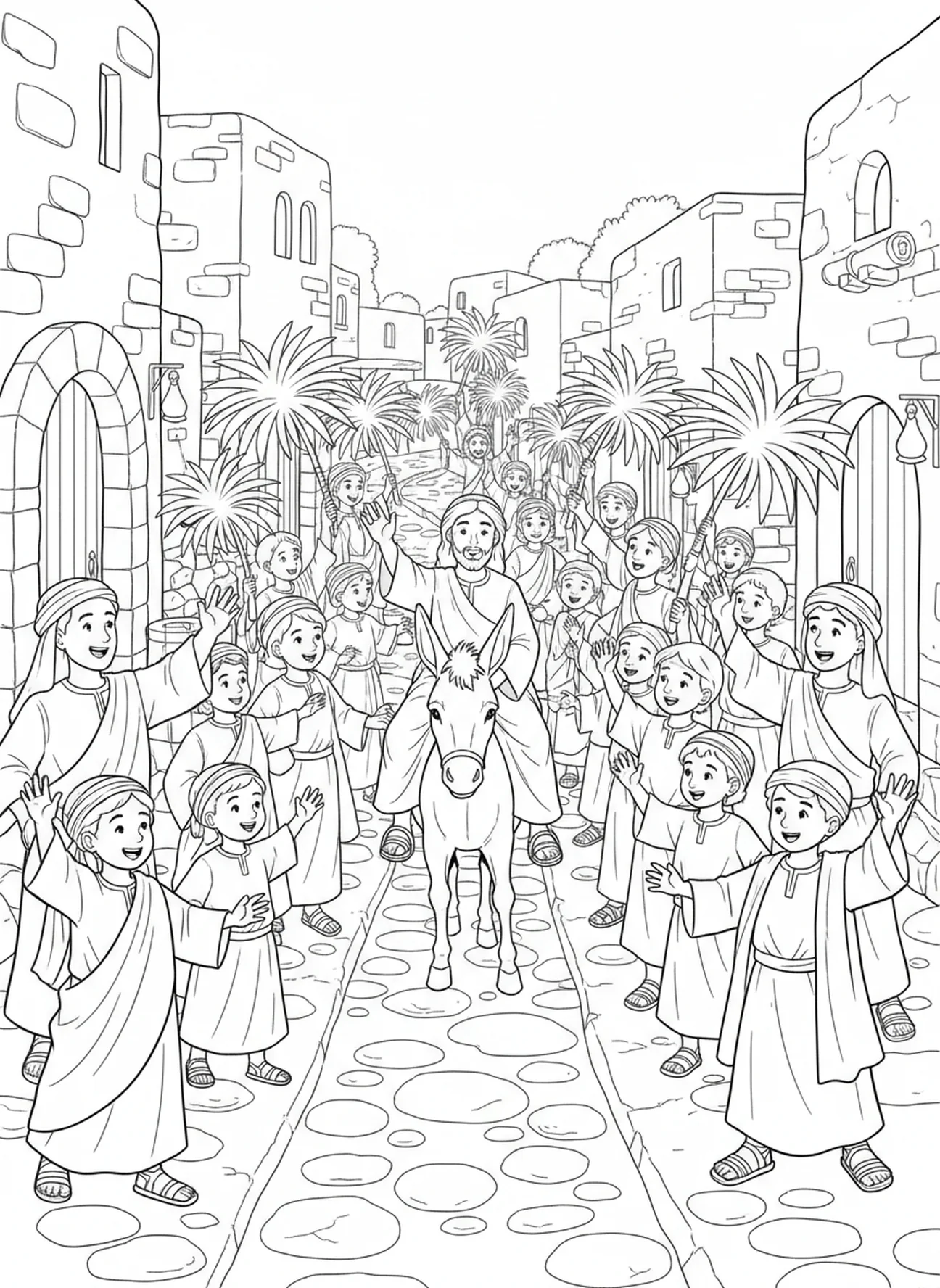 Enfants et adultes agitant des rameaux de palmier, page à colorier pour la procession du Dimanche des Rameaux pour les enfants de l'École du dimanche âgés de 5 à 12 ans.