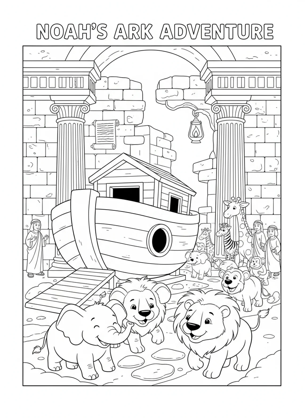 Des paires d'animaux s'approchant de l'arche, page à colorier sur l'honnêteté pour les enfants de catéchisme âgés de 5 à 12 ans.
