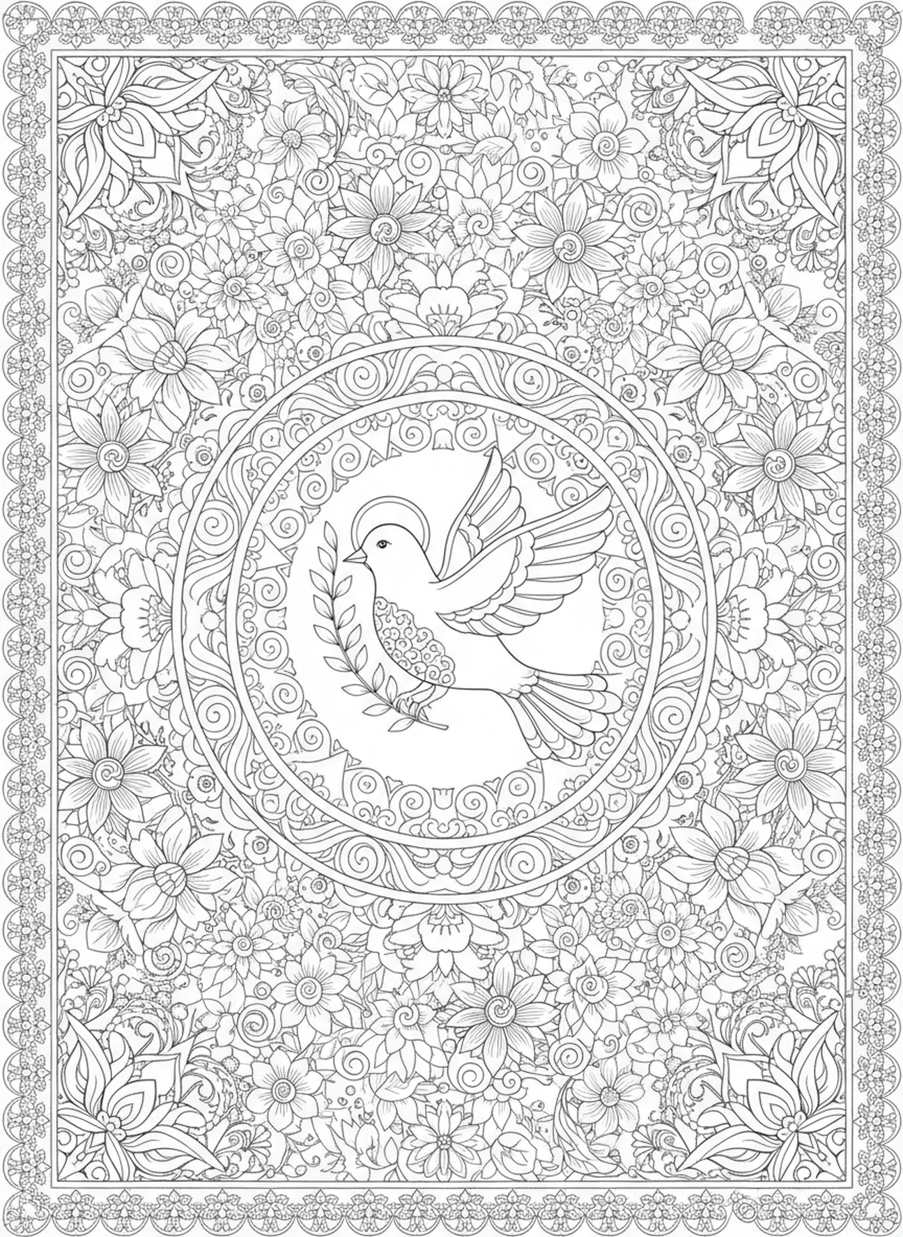 Pomba carregando um ramo de oliveira, página para colorir Âncora da Esperança no estilo de journaling bíblico para adultos.