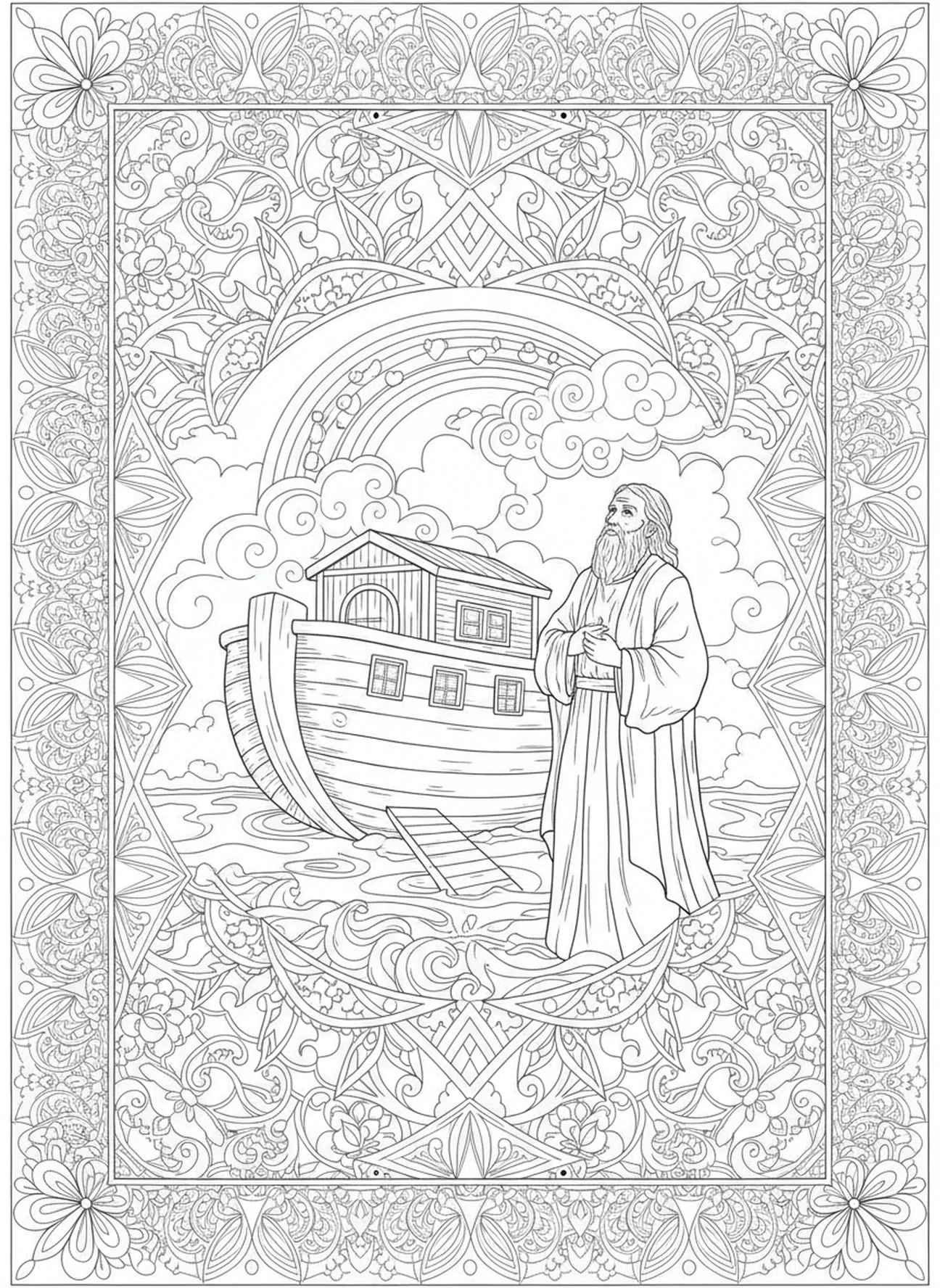 Noé contemplando a promessa de Deus, página de colorir âncora da esperança para adultos no estilo de journaling bíblico.