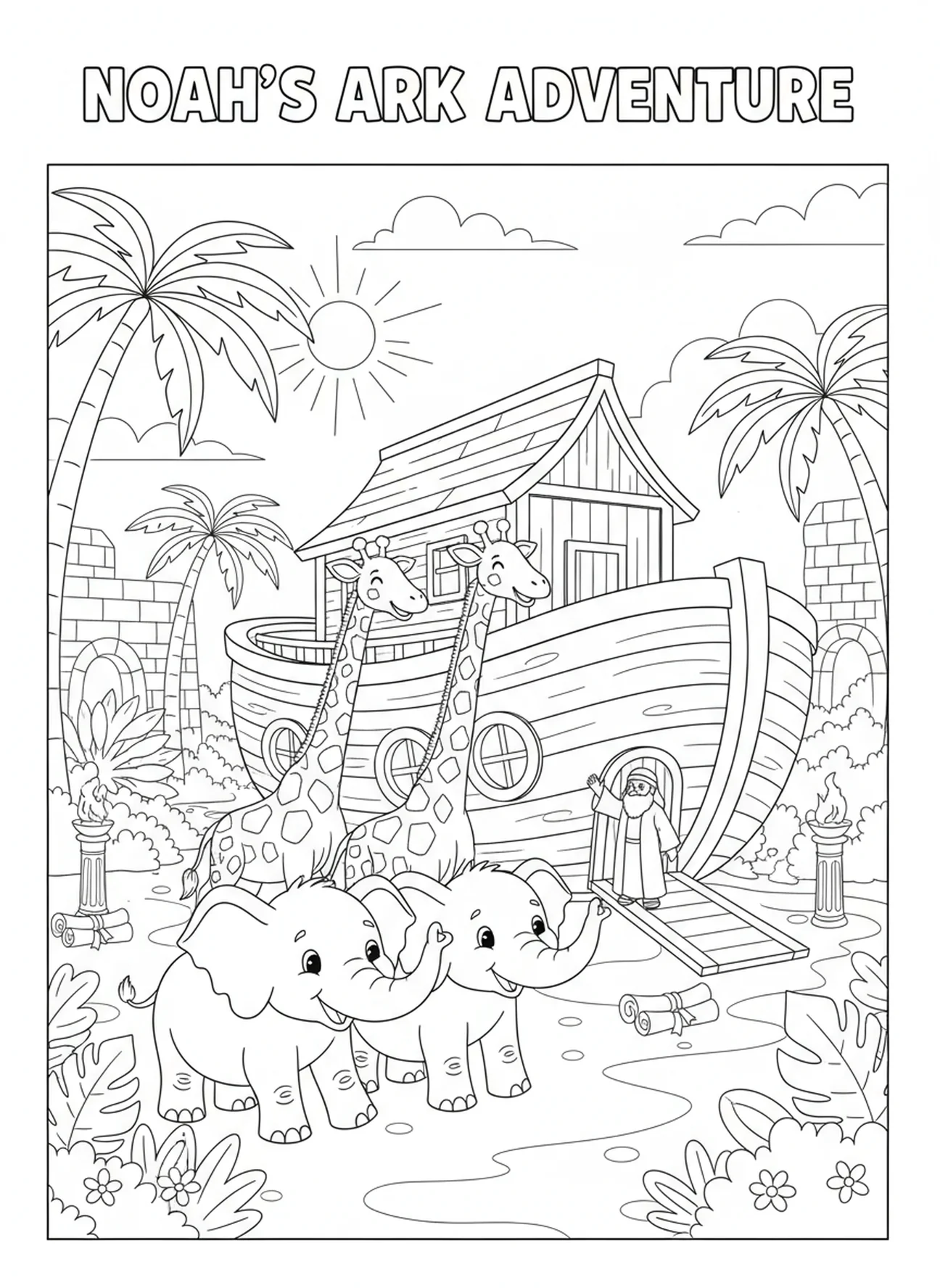 Dos elefantes de dibujos animados y jirafas, página para colorear del Ancla de Esperanza para niños de la Escuela Dominical de 5 a 12 años.