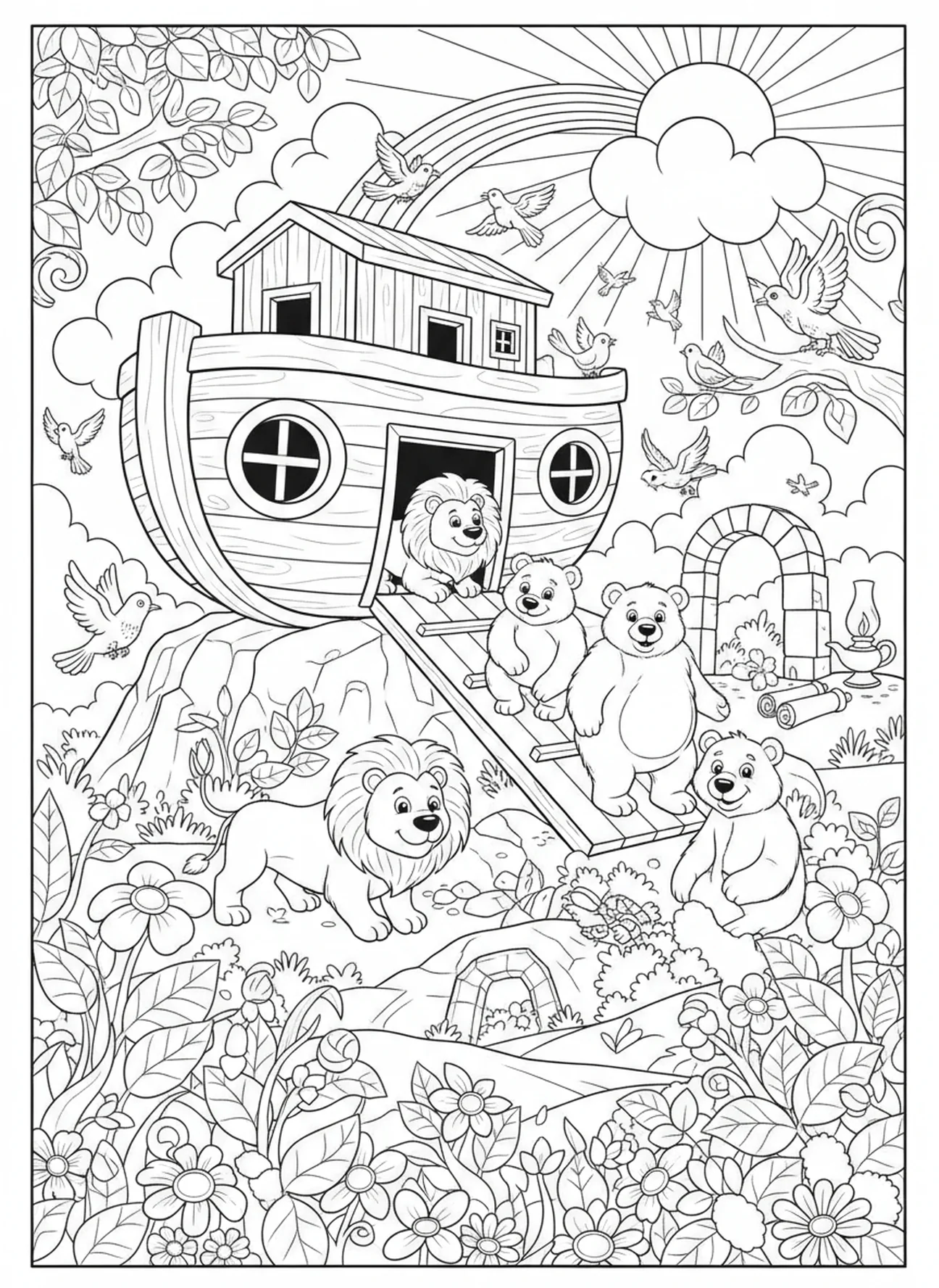 Animales saliendo del arca, página para colorear de la Biblia de la Esperanza para niños de la Escuela Dominical de 5 a 12 años.
