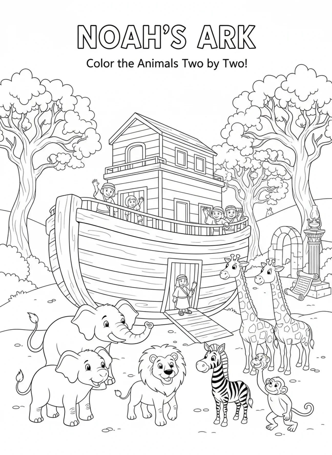 Pairs of animals approaching the ark, Humility coloring page for Sunday school children age 5-12.