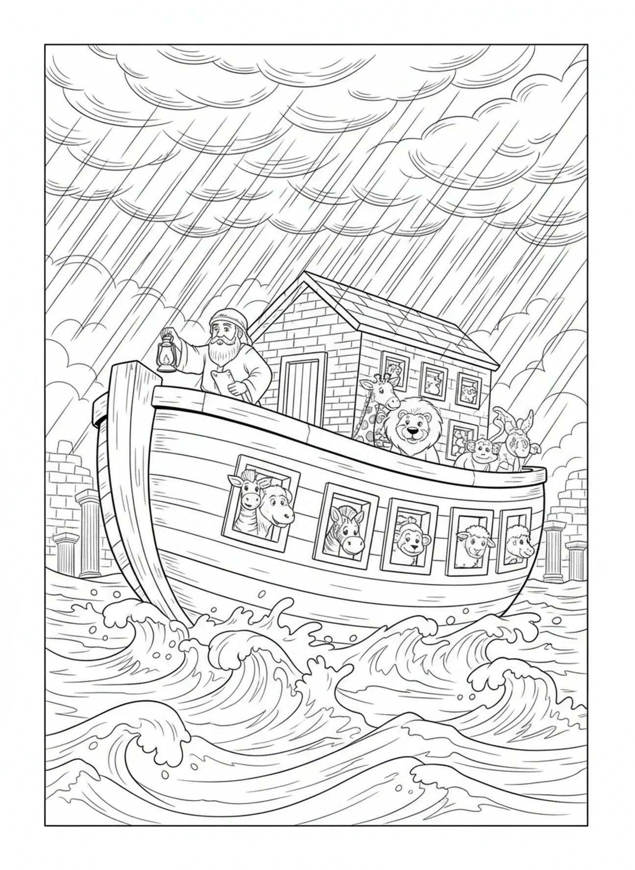The ark floating on water with Noah and animals, Humility coloring page for Sunday school children age 5-12.