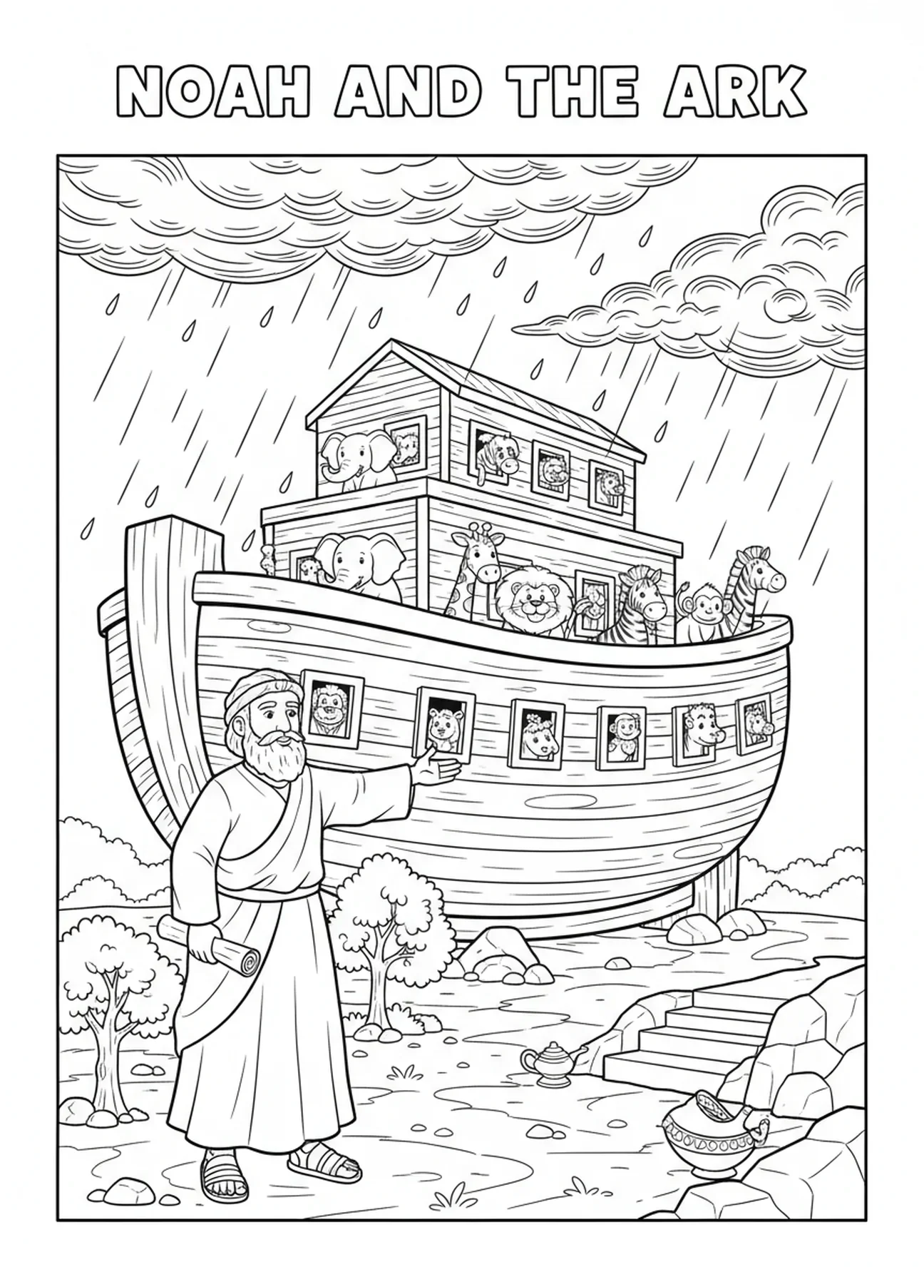 Noah and animals in the ark as flood begins, Humility coloring page for Sunday school children age 5-12.