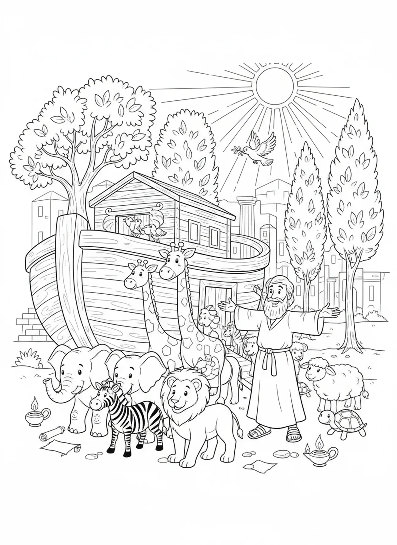 Noah welcoming animals into the ark, Humility coloring page for Sunday school children age 5-12.