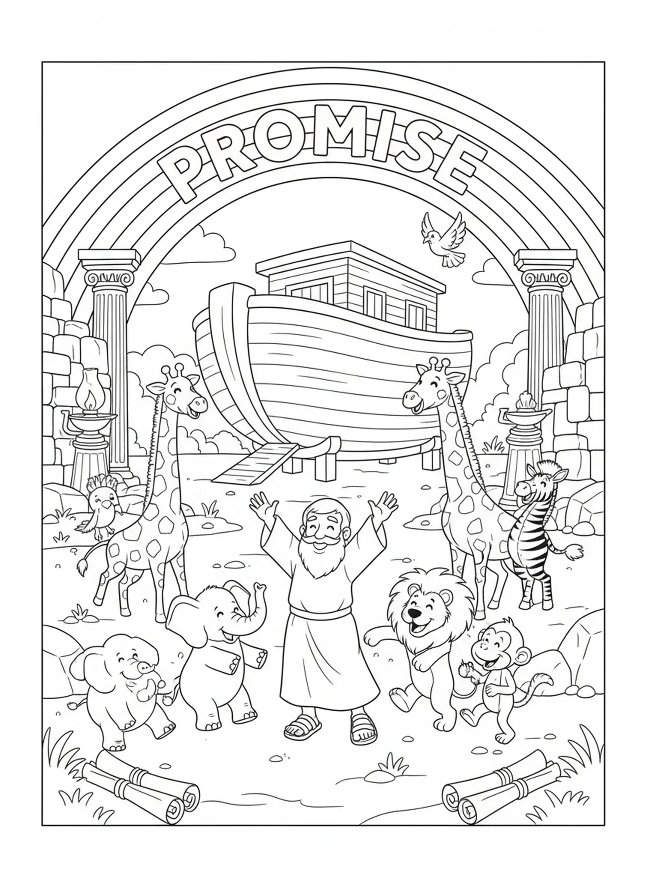 Noah and animals celebrating under a rainbow, Humility coloring page for Sunday school children age 5-12.