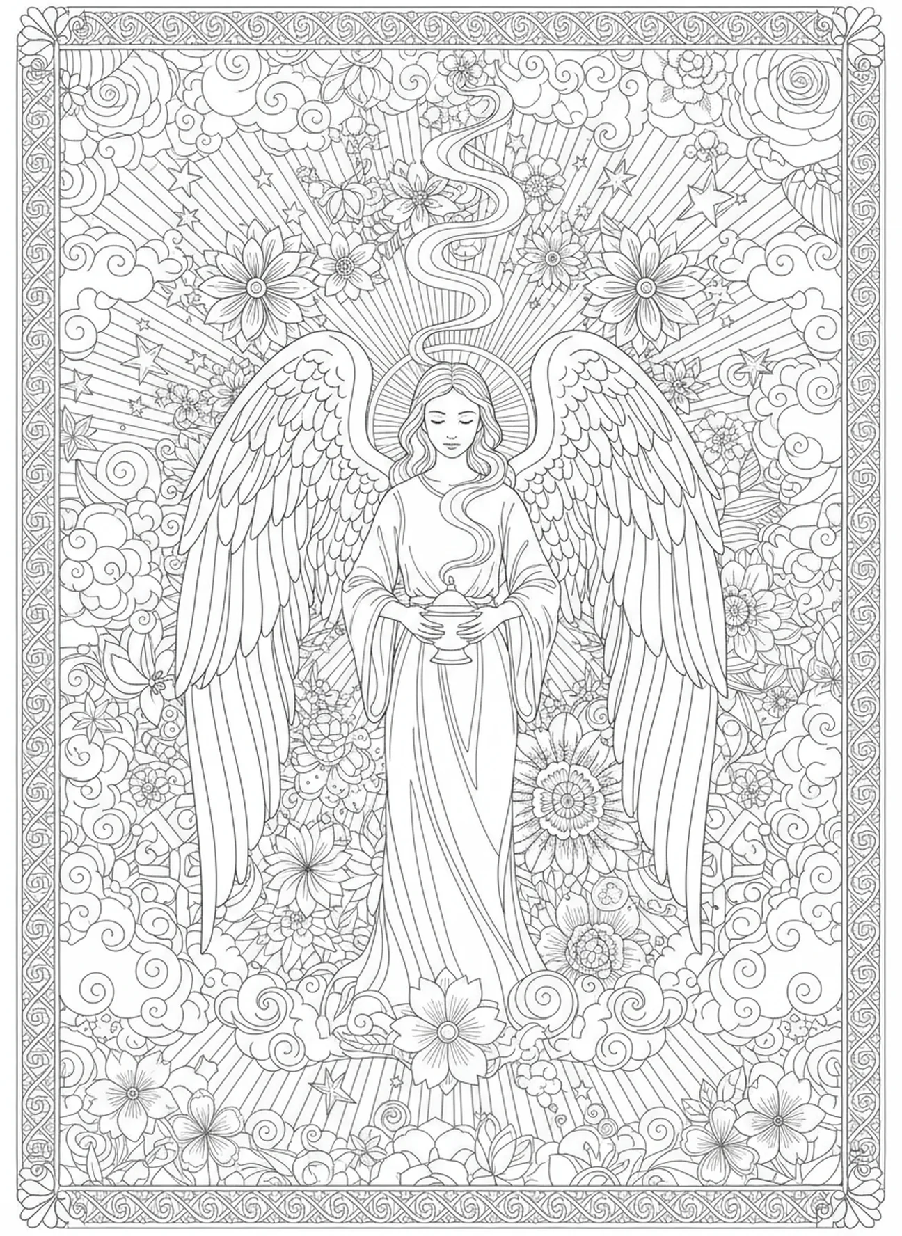 Ange avec récipient, page à colorier d'encens pour adultes dans le style du journal biblique